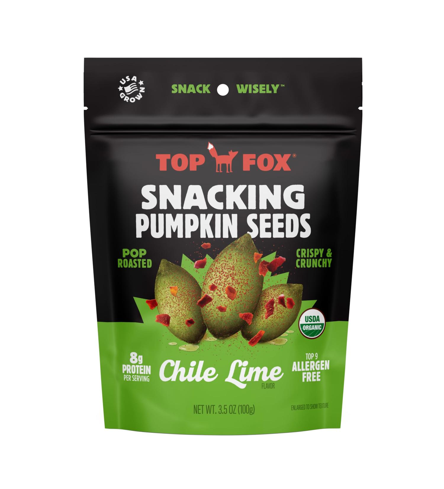 Top Fox Snacks - Organic Pop-Roasted Pumpkin Seeds | Gluten Free Keto & Vegan Friendly | Chile Lime Flavor - 2 Pack (3.5 oz) - Healthy Protein Snacks - Buy Online on GoSupps.com
