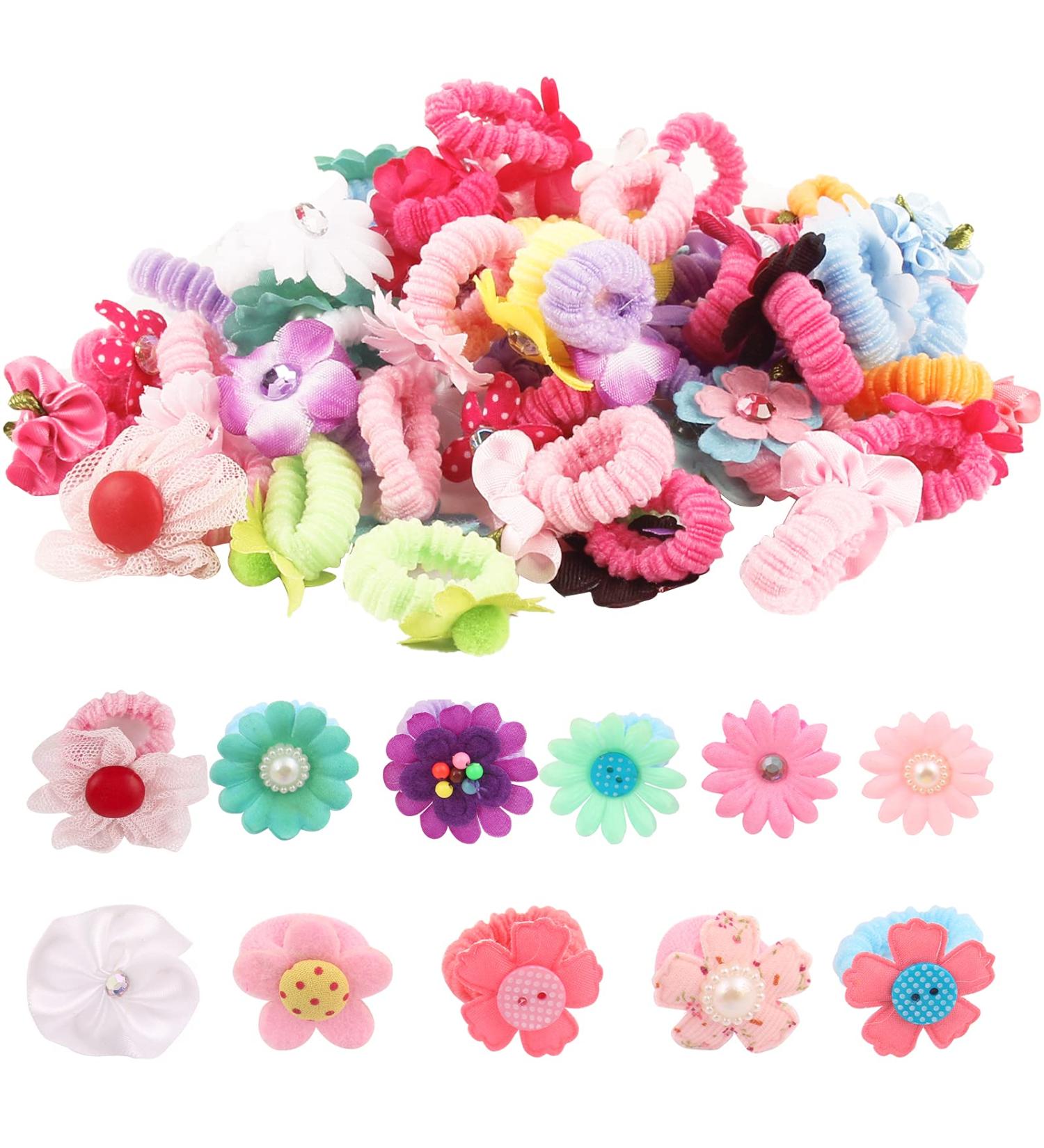 Candygirl Elastic Hair Ties for Baby Girls | 50 PC Flower Hair Bands & Ponytail Holders for Children | Sweet Toddler Hair Loops - Buy Online on GoSupps.com