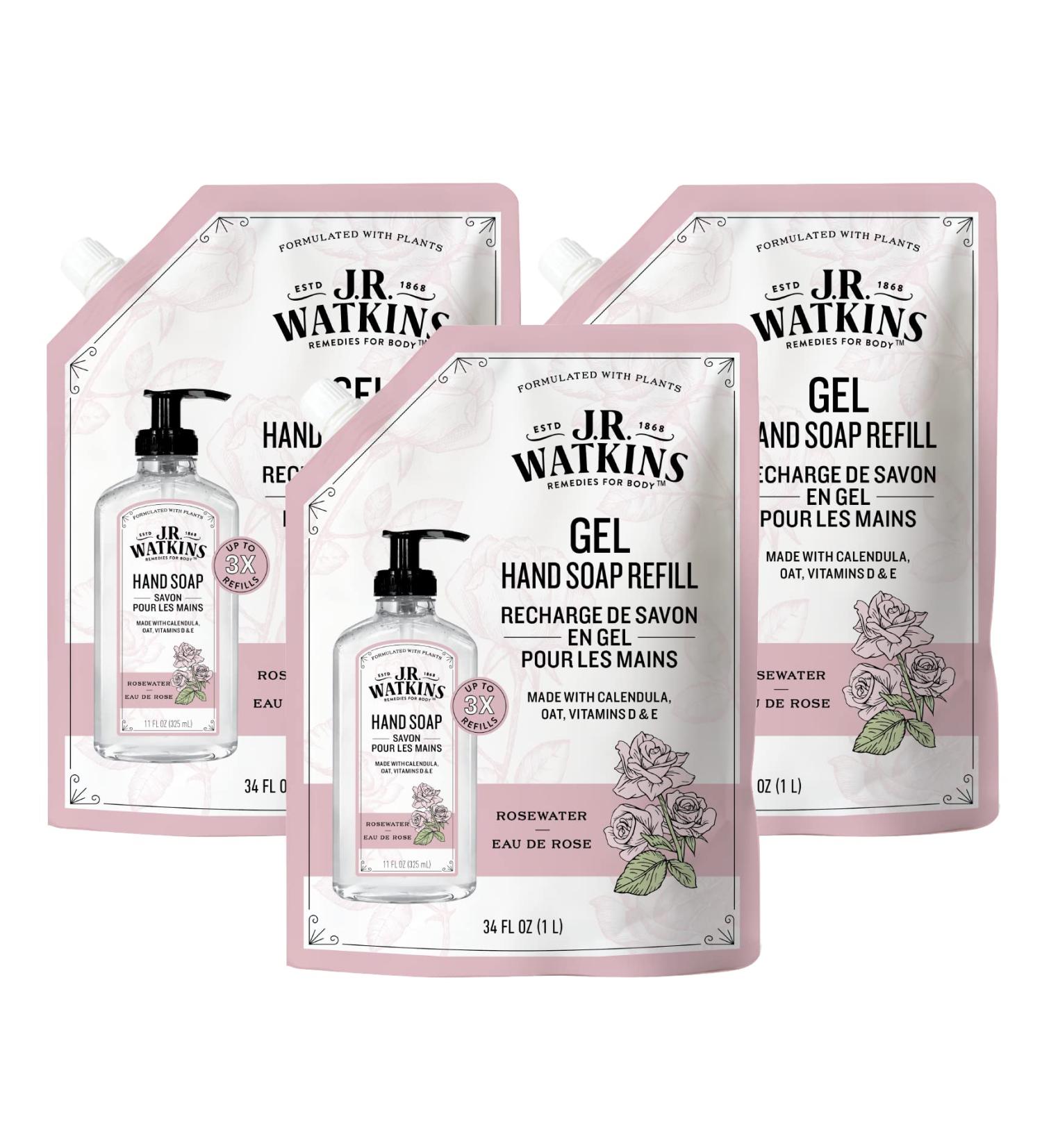 J.R. Watkins Rosewater Gel Hand Soap Refill 3 Pack - 34 Fl Oz Each | Moisturizing, All Natural, Alcohol-Free, Cruelty-Free | Made in USA - Buy Online on GoSupps.com