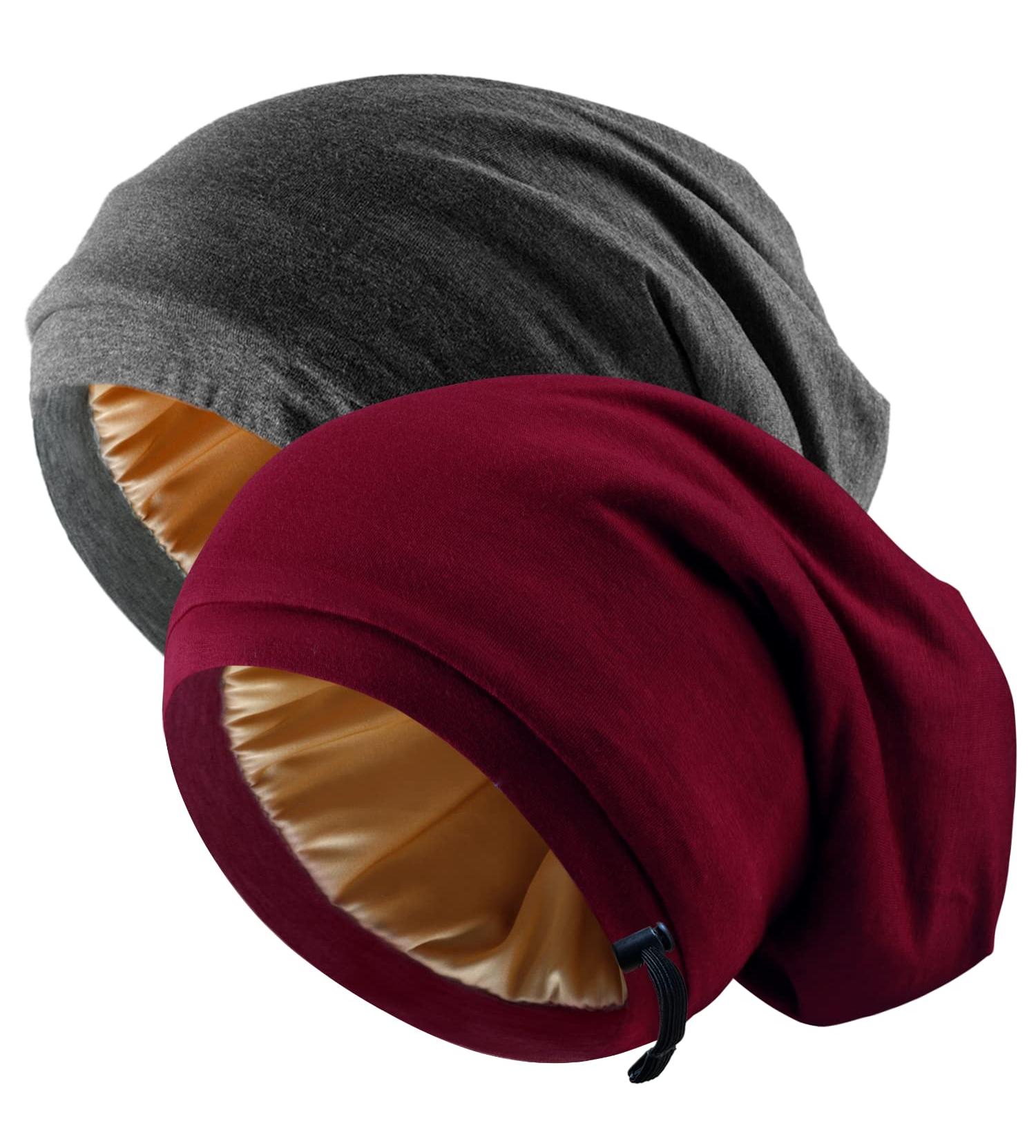 Silk Satin Bonnet Hair Wrap - 2 Pcs Set for Men and Women | Adjustable Sleep Cap for Curly Hair | Silk Lined Night Caps - Large Black+Red - Buy Online on GoSupps.com