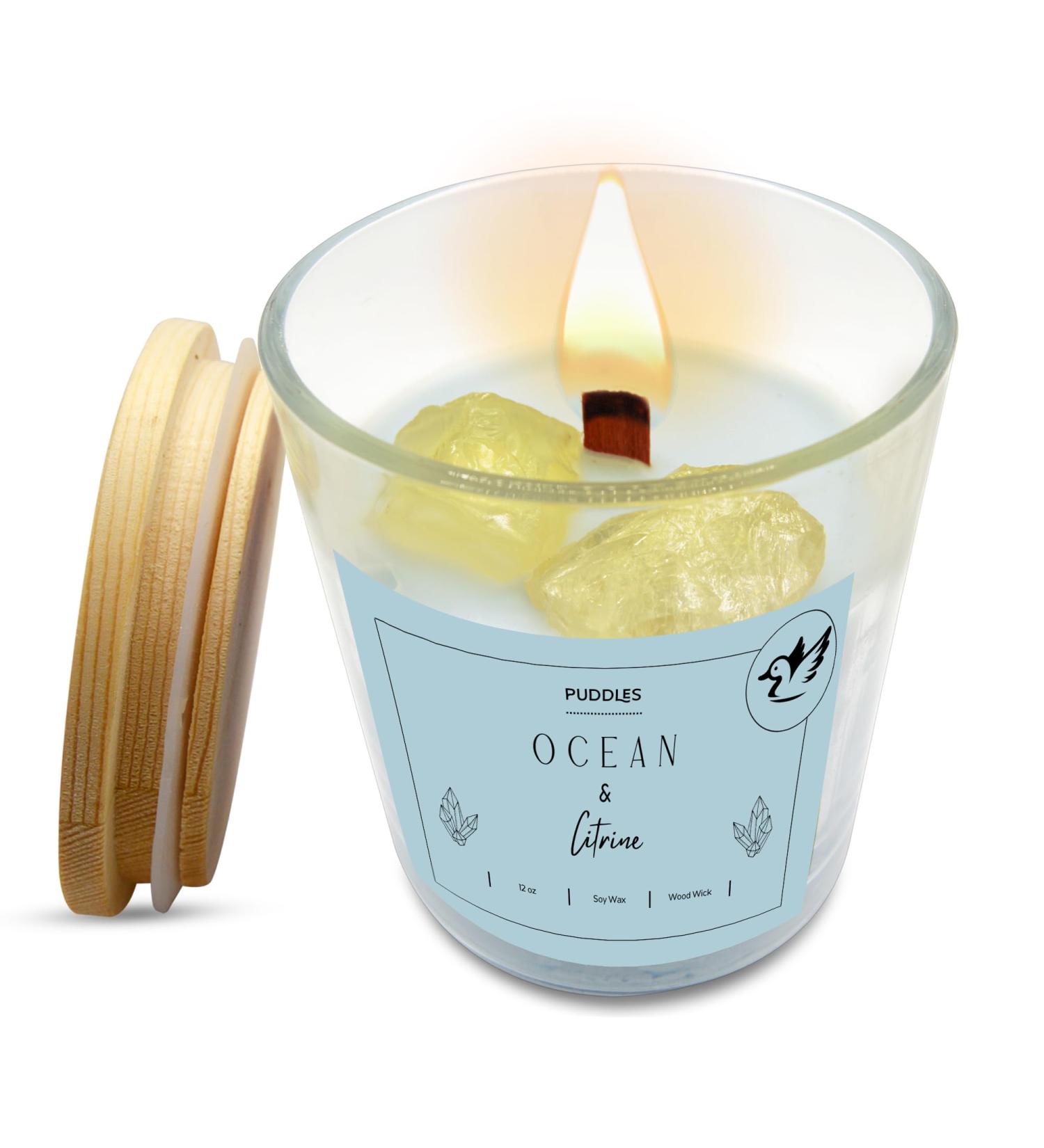 Ocean Scented Soy Candle with Citrine Crystals - Extra Large 12 oz Long-Lasting Wooden Wick for Calming Relaxation | Puddles - Buy Online on GoSupps.com