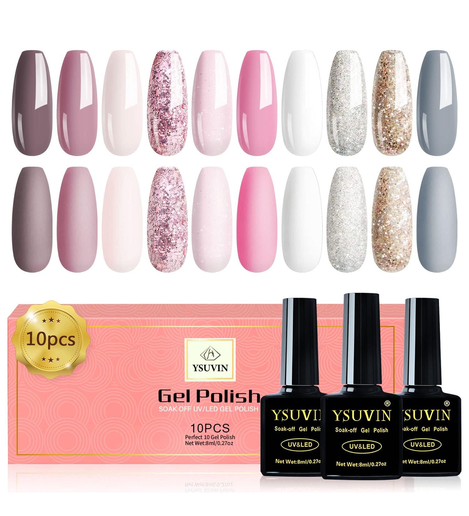 Yueshop Glitter Gel Nail Polishes Set- 10 Pack Nude Pink Soak Off UV LED Nail Manicure Kit Cured Gel Needed DIY Home Salon Nail Art Nude Pink Glitter - Buy Online on GoSupps.com