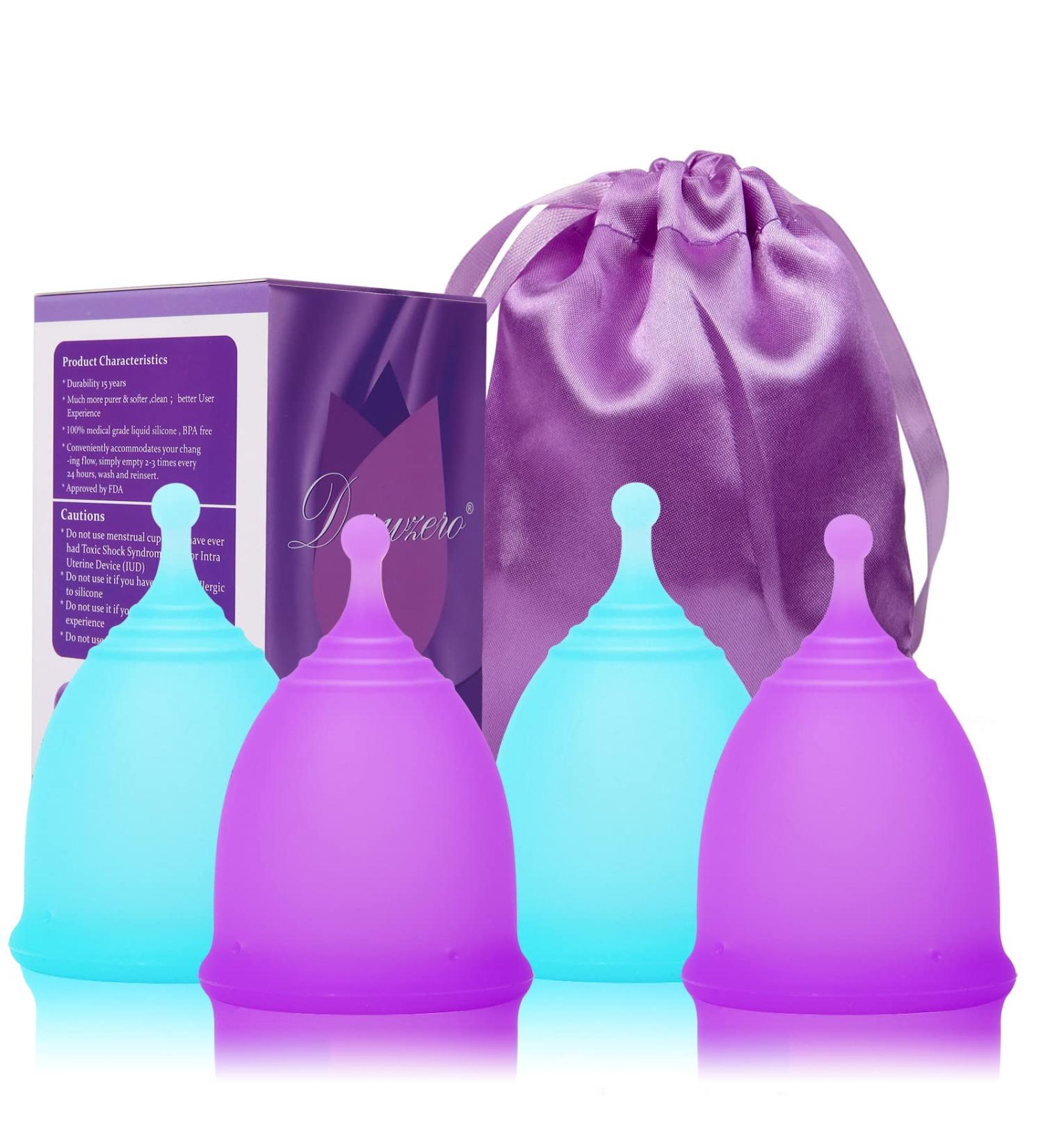 4 Pack Reusable Menstrual Cups Kit - Medical-Grade Silicone - Tampon and Pad Alternative - 4 Large Cups in Purple and Blue - Buy Online on GoSupps.com
