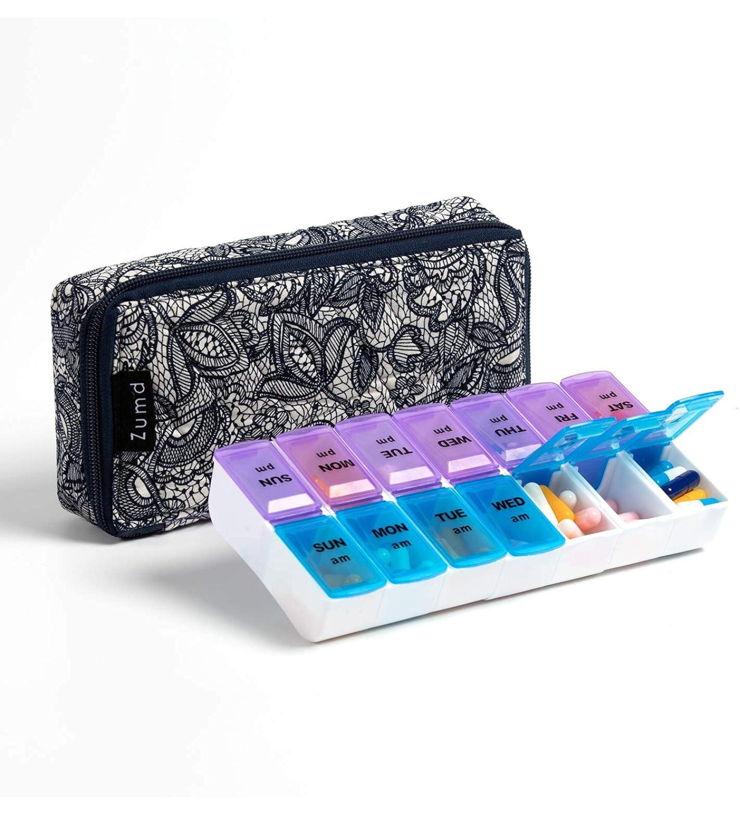 AM PM Pill Organizer Case | Weekly Vitamin Organizer Boxes | 2 Times a Day Large Pill Box (Blue Floral) - Perfect for Daily Medication Management - Buy Online on GoSupps.com