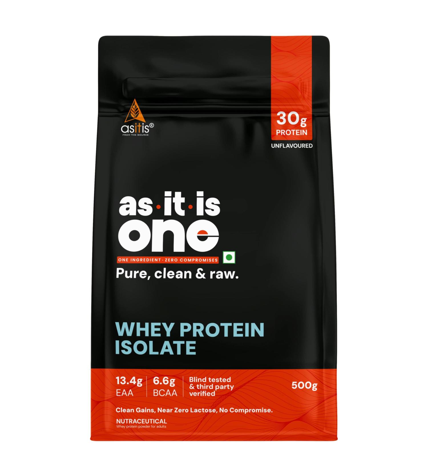 AS-IT-IS Nutrition Whey Protein Isolate 90% - 500 Gms/17.6 Oz | Protein 27g & Bcaa 5.9g Per Serving Unflavoured Cross-flow Microfiltered Natural Zero Fat, Zero Sugar - Buy Online on GoSupps.com
