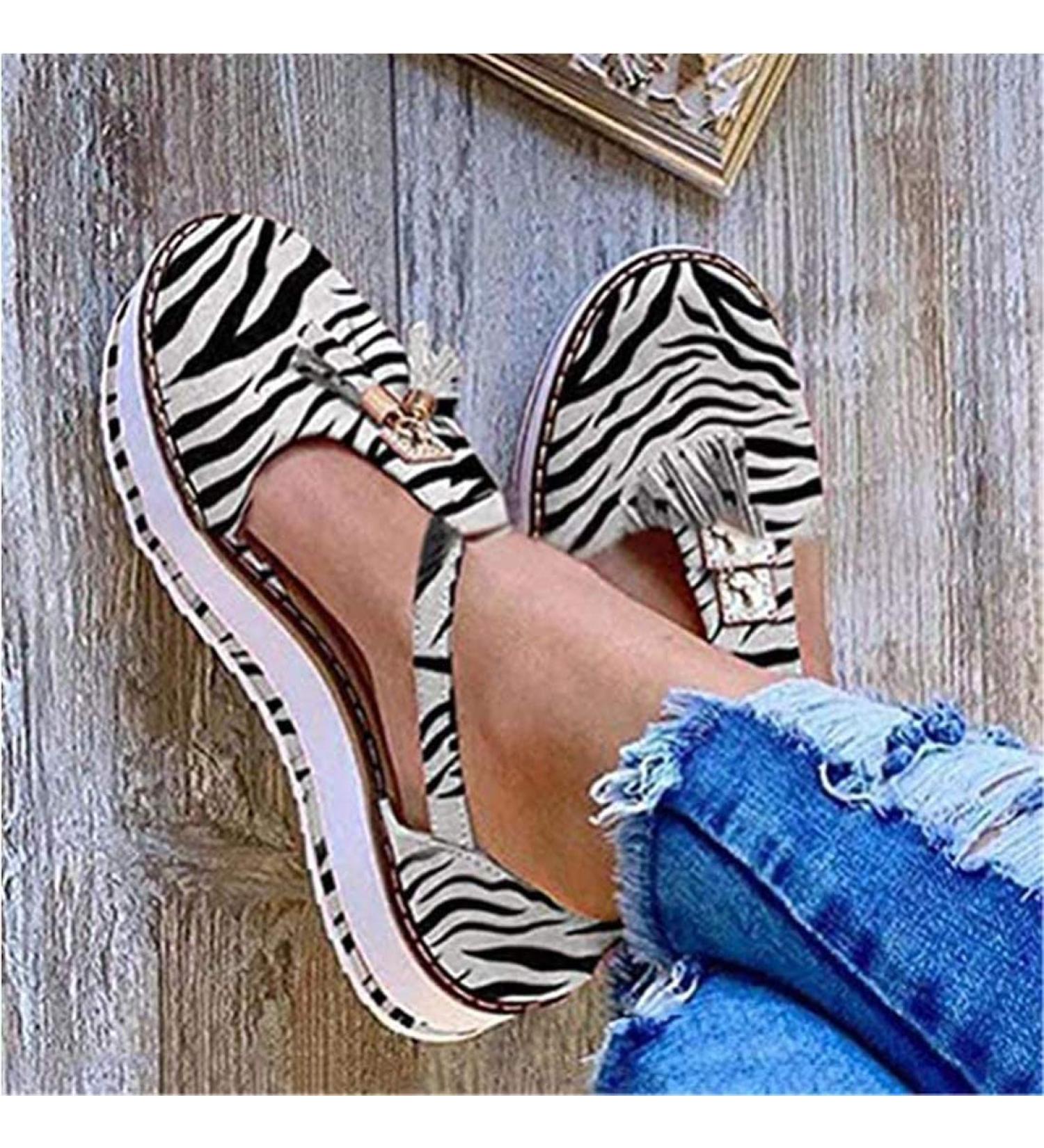 Fashionable Women's Leather Platform Sandals with Tassels - Comfortable Closed Toe Buckle Shoes for Summer Beach Travel - Zebra Print (EU 36) - Buy Online on GoSupps.com