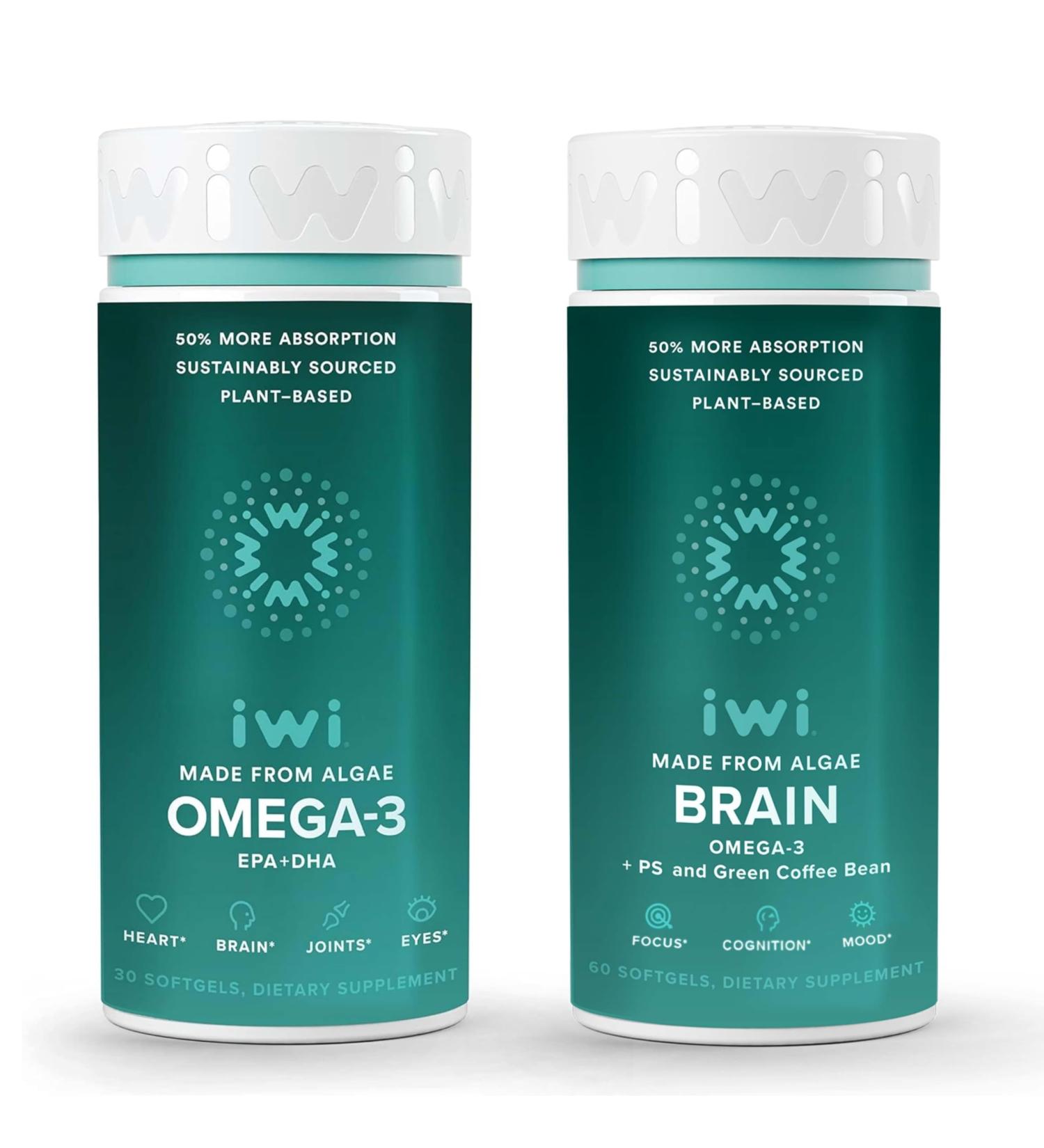 Iwi Omega-3 & Brain Omega-3 Bundle 30 Servings Vegan Plant-Based Algae Omega 3 with EPA + DHA Krill & Fish Oil Alternative No Fishy Aftertaste - Buy Online on GoSupps.com