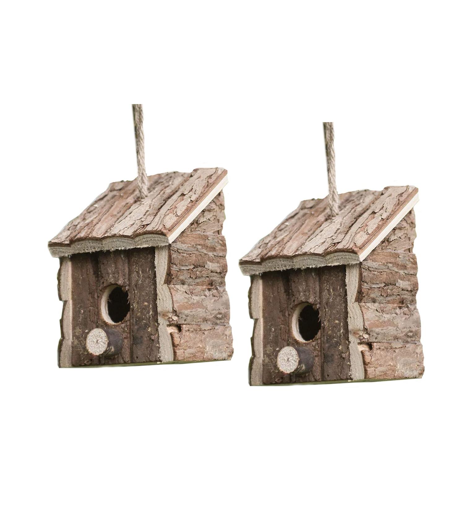 Garden Mile 2x Natural Wooden Bird Houses - Traditional Hanging Wild Bird Nesting Boxes for Outdoor Garden Decor - Buy Online on GoSupps.com