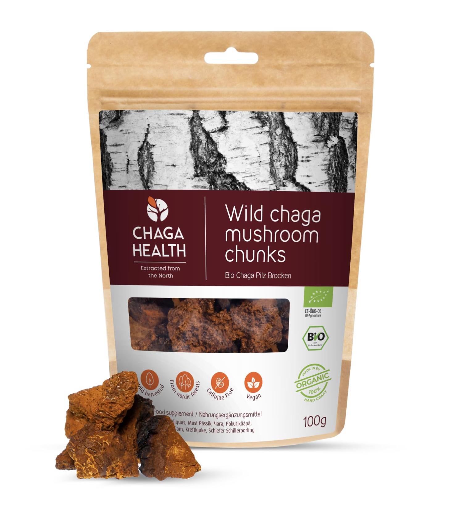 Chaga Health Chaga Pilz Brocken Bio - Organic Wild Chaga Mushrooms from Estonia | 100g Antioxidant-Rich Chunks for Chaga Tea & Coffee - Buy Online on GoSupps.com