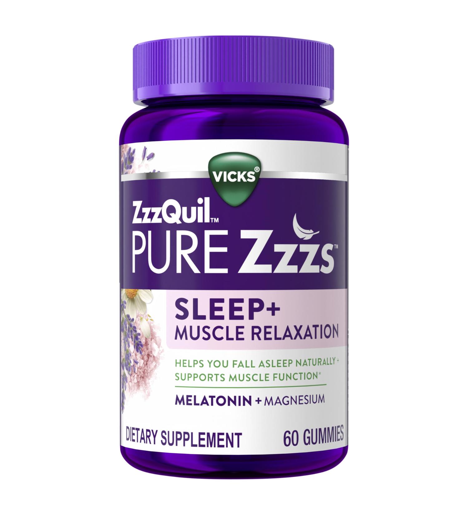 ZzzQuil Pure Zzzs Muscle Relaxation Melatonin Sleep Aid Gummies Supports Muscle Function Helps You Fall Asleep Naturally Fast Melatonin + Magnesium No Next-Day Grogginess Drug-Free 60ct 60 Count (Pack of 1) - Buy Online on GoSupps.com