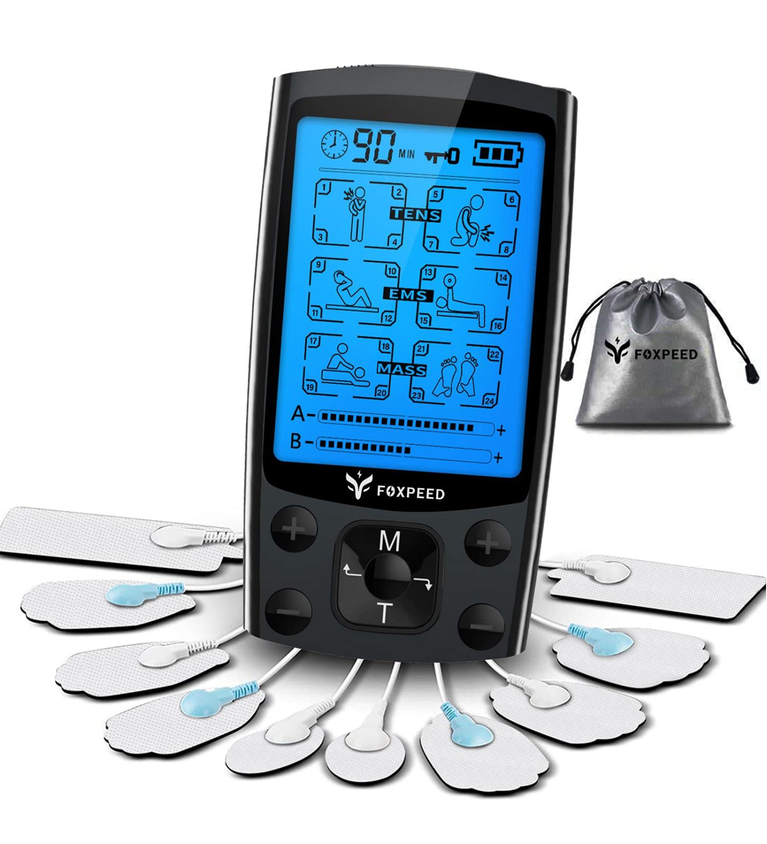 FOXPEED Dual Channel TENS Unit Muscle Stimulator - 24 Modes, Pain Relief Therapy, Rechargeable, Muscle Relaxer with 10 Pads & Storage Bag - Buy Online on GoSupps.com