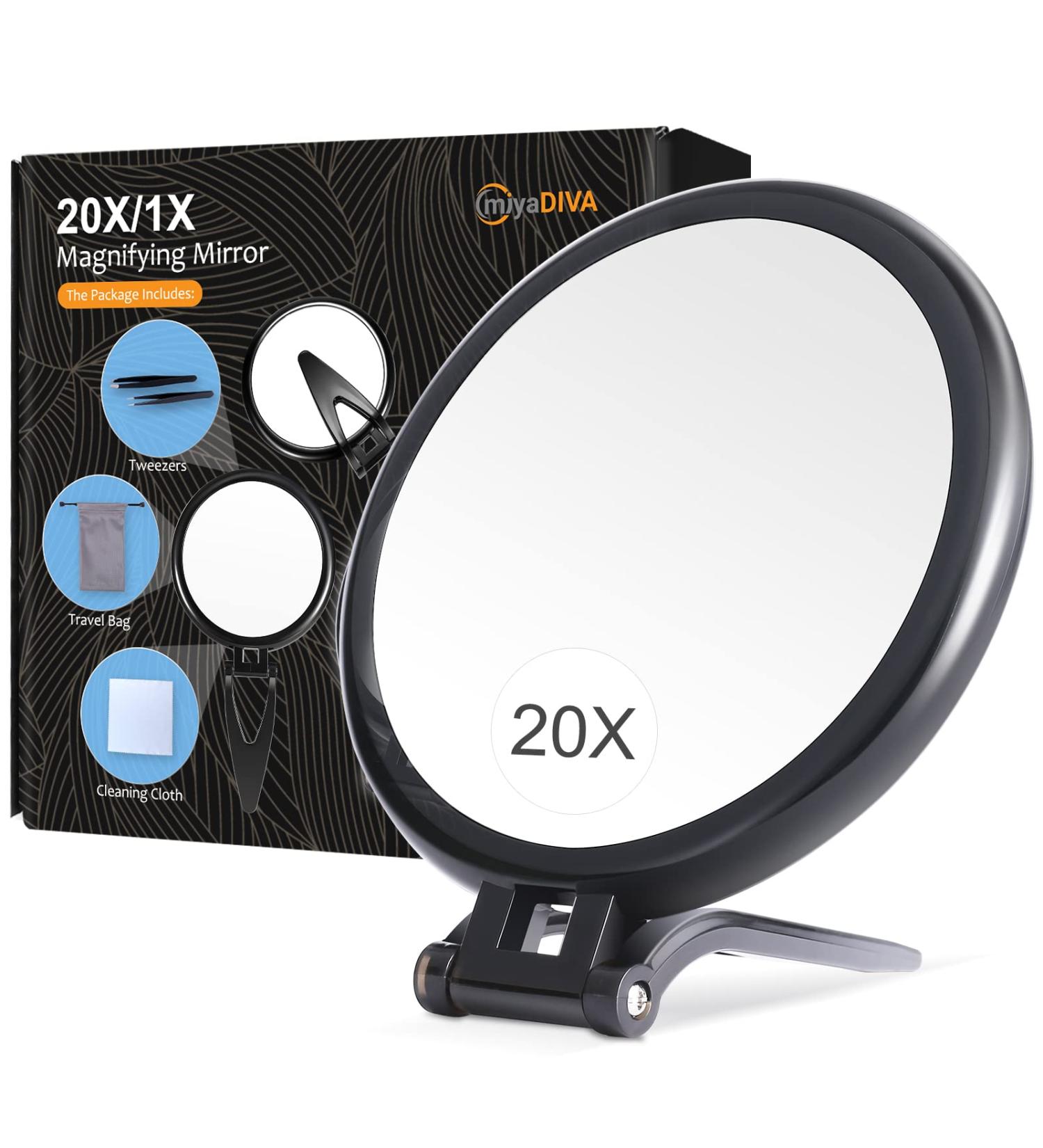 MIYADIVA 6 Inch 20X Magnifying Hand Mirror with Handle - Portable Travel Mirror for Women - Foldable Double Sided Design - Black - Buy Online on GoSupps.com