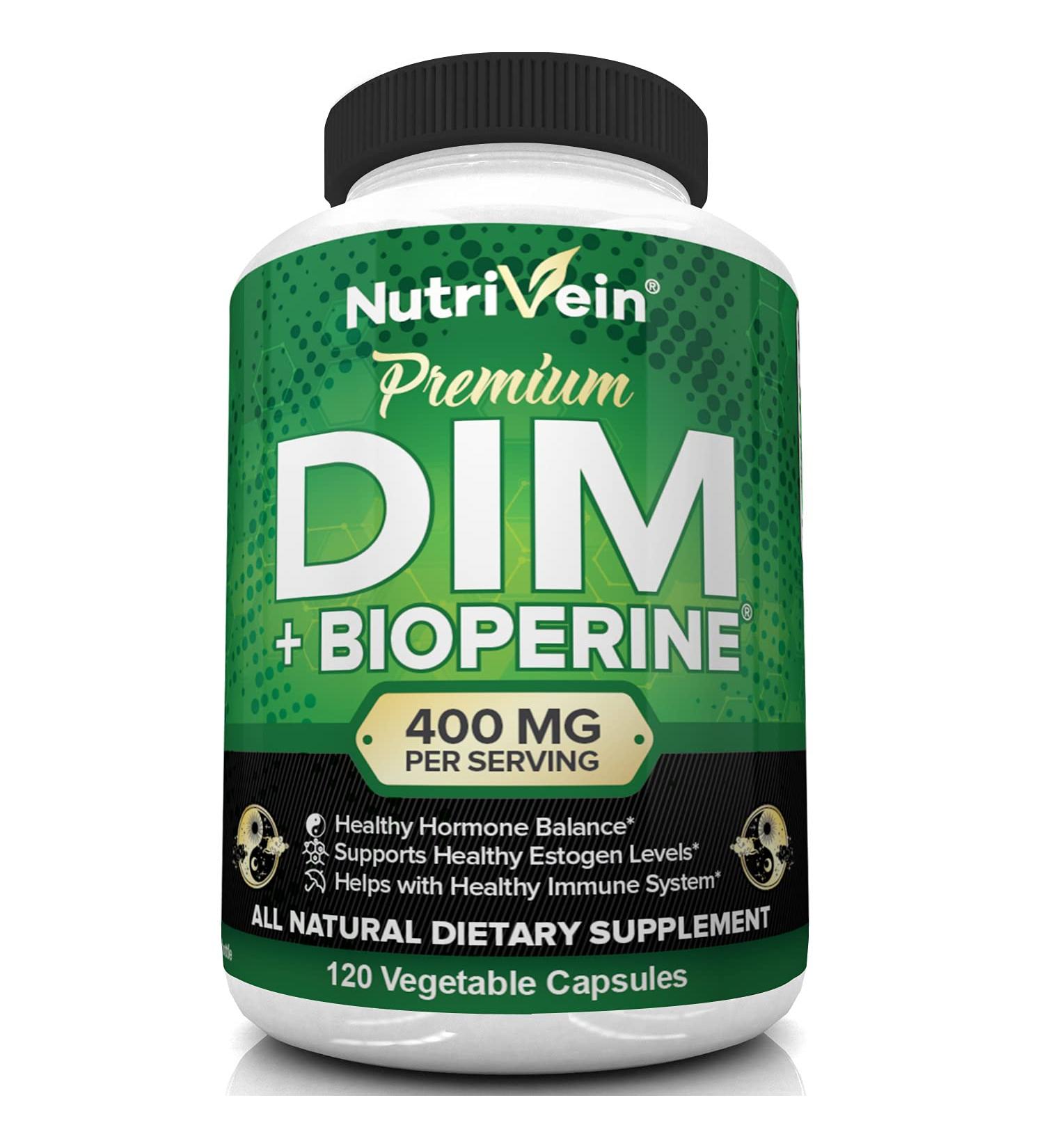 Nutrivein DIM Supplement 400mg with Bioperine - Hormone Balance for Menopause & Middle Age - Acne & PCOS Support for Men & Women - Buy Online on GoSupps.com