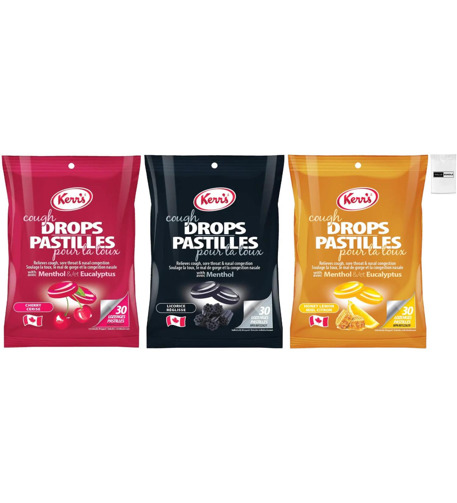 Value Bundle: KERRS Candy - Cough Drops - Cold & Sore Throat Candy with No Artificial Flavours MINTS - Hard Candy - Bonbon - Candies - Custom Value Bundle Branded Pack of 30 Per Bags - 3 Bags - 90 Drops Total (CHERRY HONEY LEMON BLACK LICORICE COMBO) - Buy Online on GoSupps.com