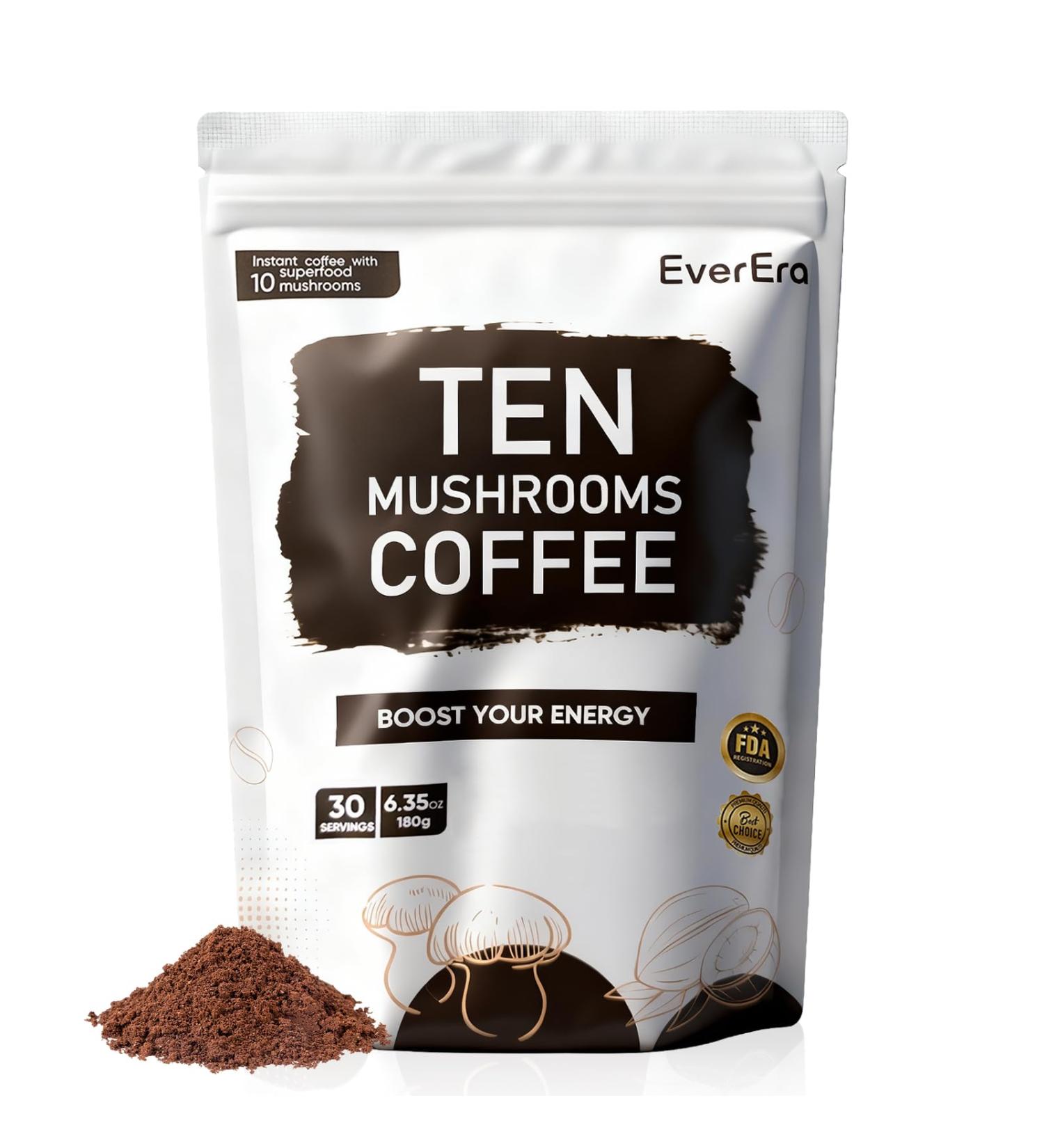 EverEra Organic Mushroom Coffee 10-in-1 Blend Featuring Lions Mane Cordyceps Ginseng and more. This Instant Coffee Boosts Energy Digestion and Immunity. Everyday Coffee Dose 30 Servings - Buy Online on GoSupps.com