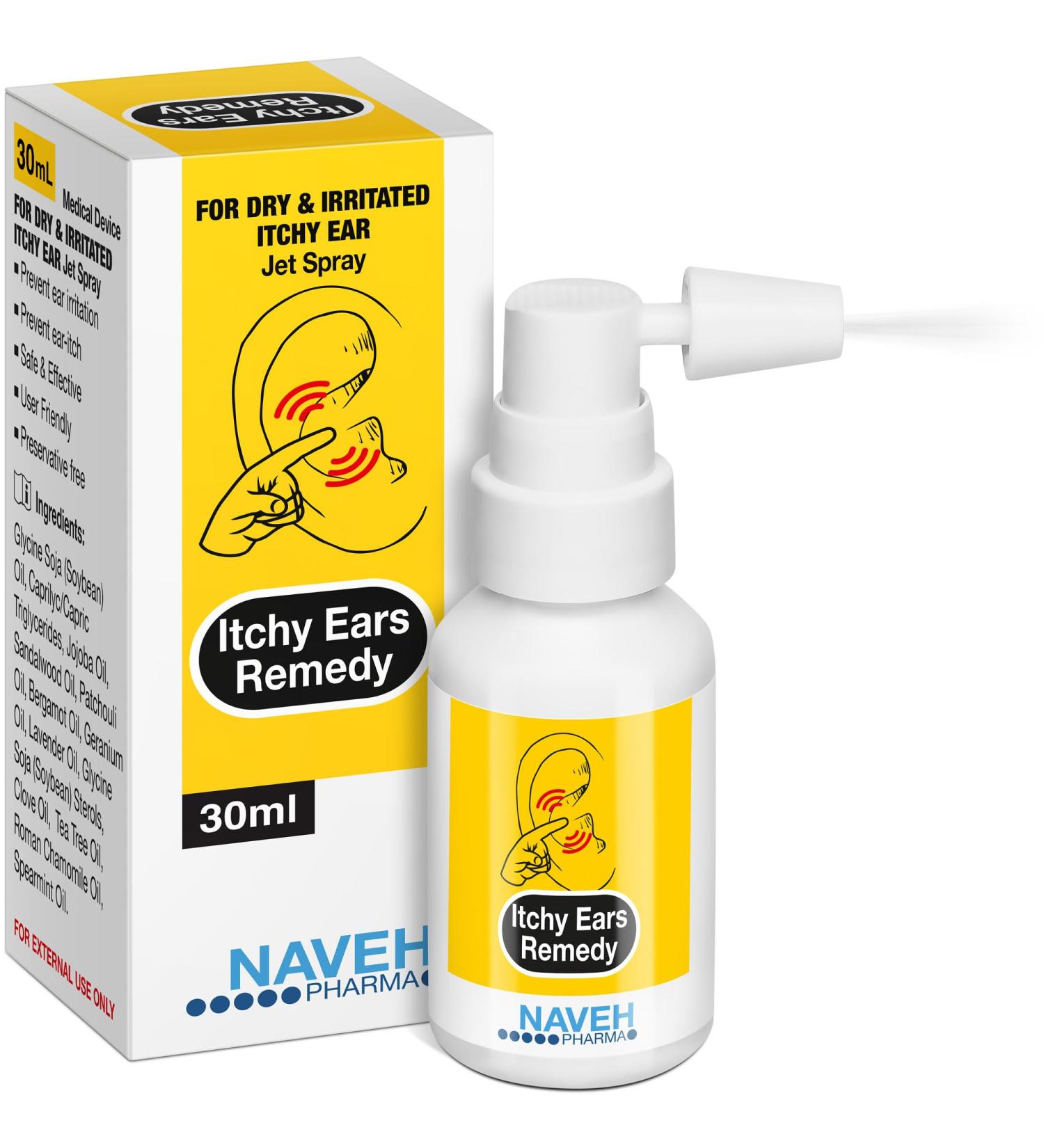 Naveh Pharma Itchy Ears Remedy 30ML - Ear Cleaning & Itch Relief Spray for Eczema Treatment, Clogged Ear Relief, and Ear Wax Removal - Buy Online on GoSupps.com