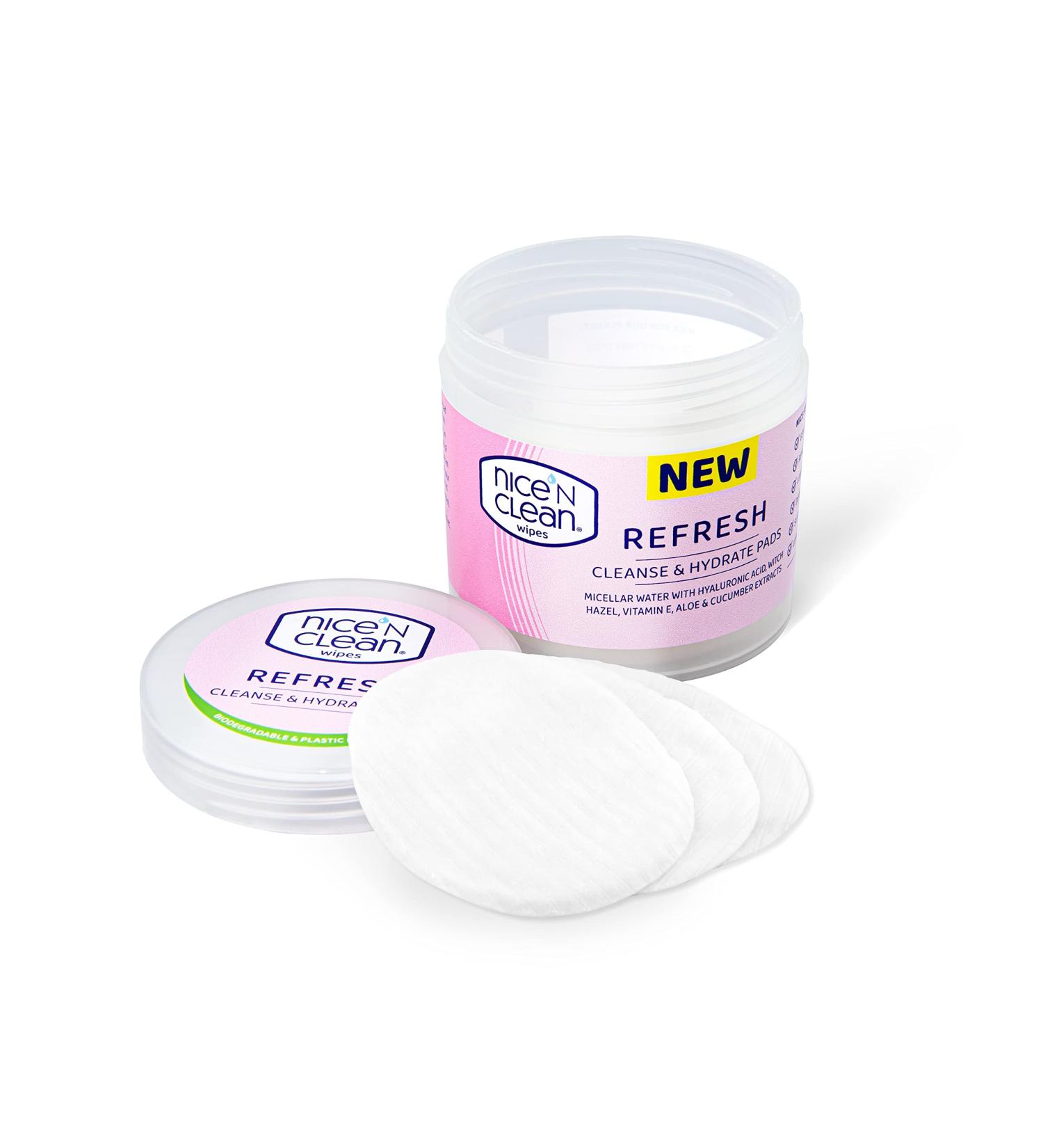 Nice 'N Clean Refresh Cleansing Pads with Micellar Water, Hyaluronic Acid & Vitamin E - 60 Biodegradable Face Wipes - Buy Online on GoSupps.com