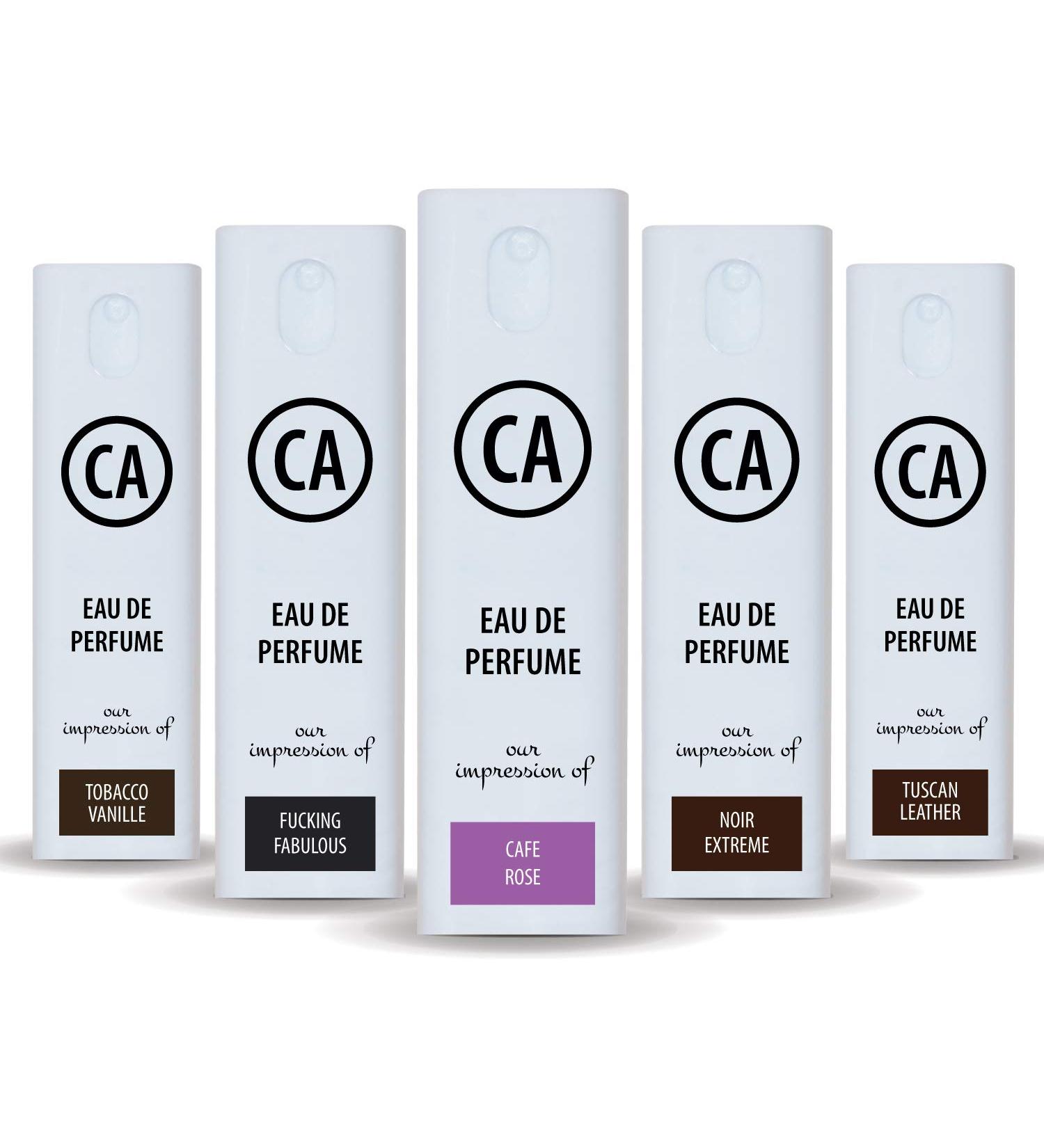 CA Perfume Designer Perfume Discovery Set For Men Impression of ( Tobacco Vanilla + Tuscan Leather + Noir Extreme + Caf Rose + F.Fabulous) Fragrance Body Oils Travel Size Perfume Spray ( 0.3 Fl Oz/10 ml) x5 - Buy Online on GoSupps.com