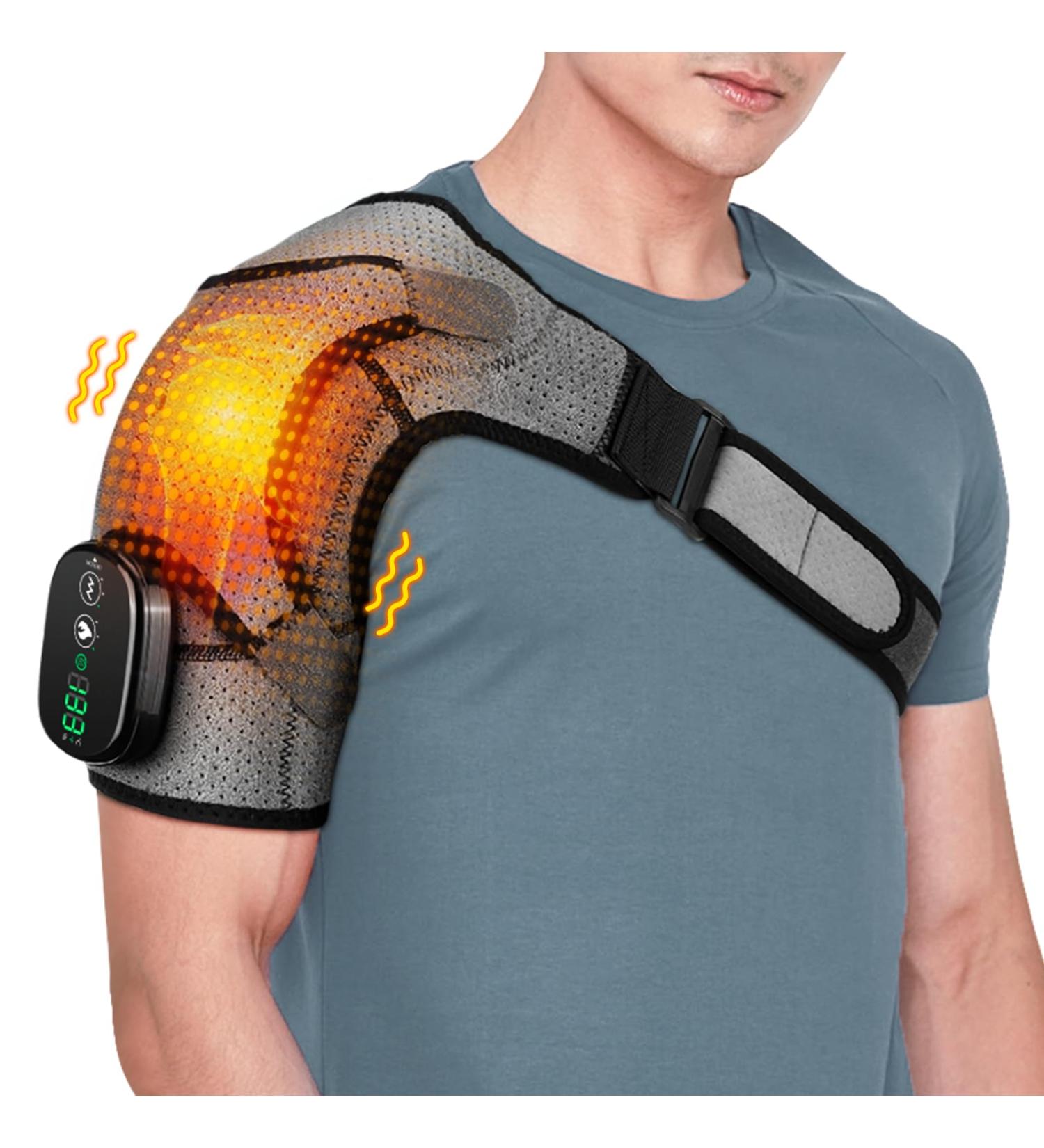 DeMoce Cordless Heated Shoulder Wrap | Massager & Heating Pad with Vibration | Black & Gray Shoulder Brace - Buy Online on GoSupps.com