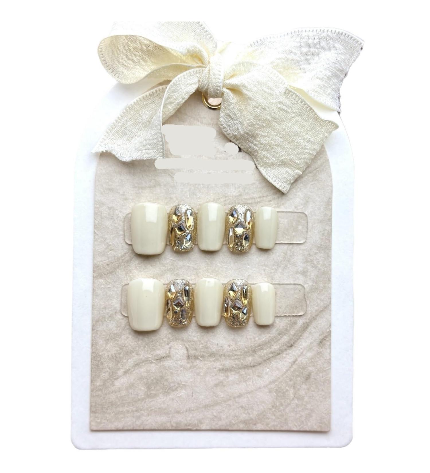 Handmade nail patch with milk white champagne sparkling short square and circular detachable fake nail patch 10pcs (Size : S)