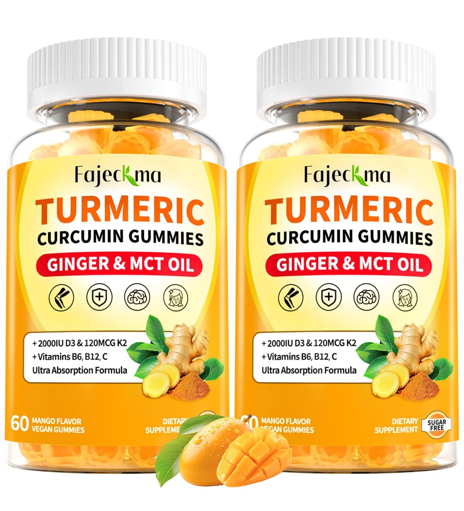 Organic Turmeric Supplement for Adults: Sugar Free 1500mg Turmeric Curcumin with Black Pepper Ginger Gummies Plus Vitamin D3 K2 MCT Oil Bromelain - Vegan Gummy for Overall Health (120Count) Mango 60 Count (Pack of 2)