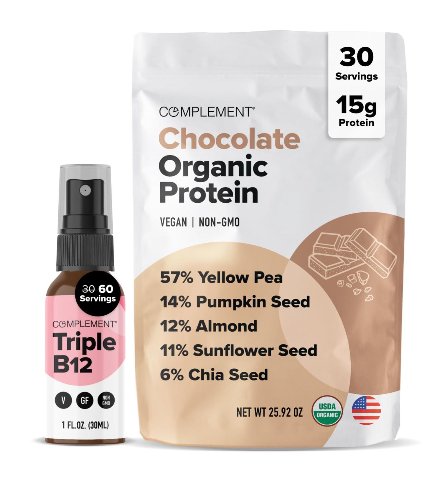 Complement Organic Chocolate Vegan Protein Powder & Triple B12 Spray Bundle Plant-Based Protein and Essential B12 Supplementation for Energy and Wellness - Buy Online on GoSupps.com