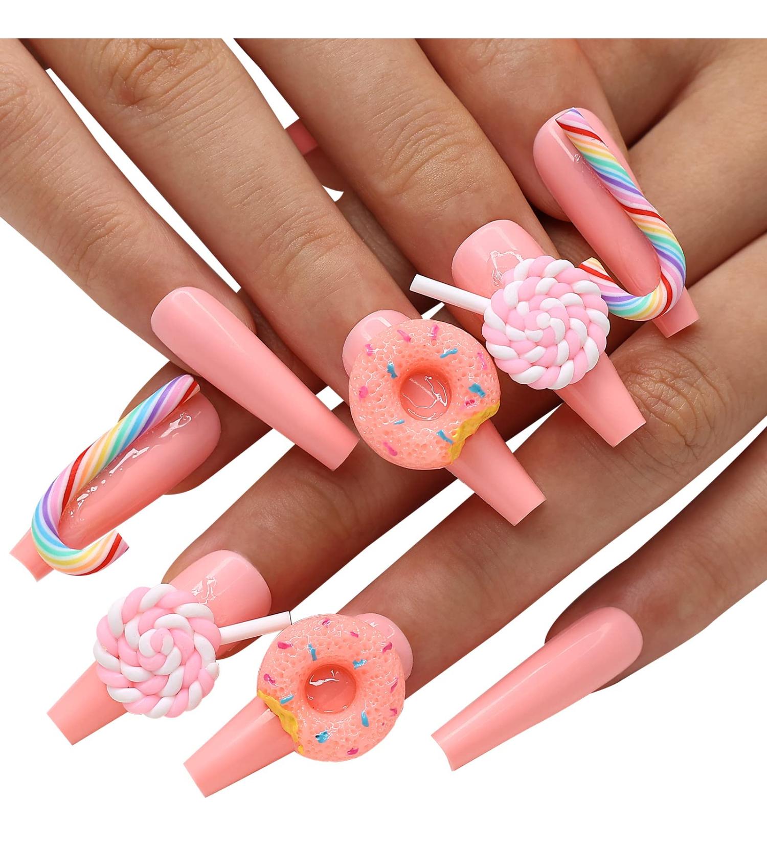 Kikmoya 3D Candy Design Extra Long Coffin Press on Nails - 24pcs Glossy Pink False Nails for Women and Girls - Buy Online on GoSupps.com