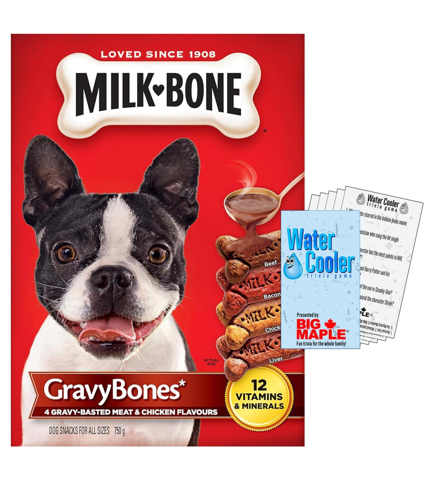 Crunchy Gravy Bones Meat Flavour Dog Treats Bundle. Includes (1) Box of Milk-Bone Gravy Bones Biscuit Dog Treat Meat & Chicken Flavour (750g) w/Water Cooler Trivia Game by BIG MAPLE . All Sized Dogs - Buy Online on GoSupps.com