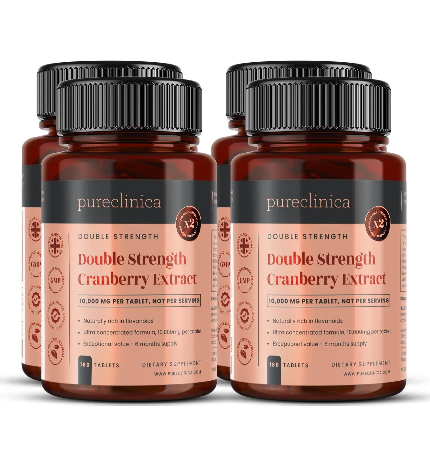 Pureclinica Double Strength Cranberry Extract 10000mg x 720 Tablets 4 Bottles of 180 2 Year Supply - Buy Online on GoSupps.com