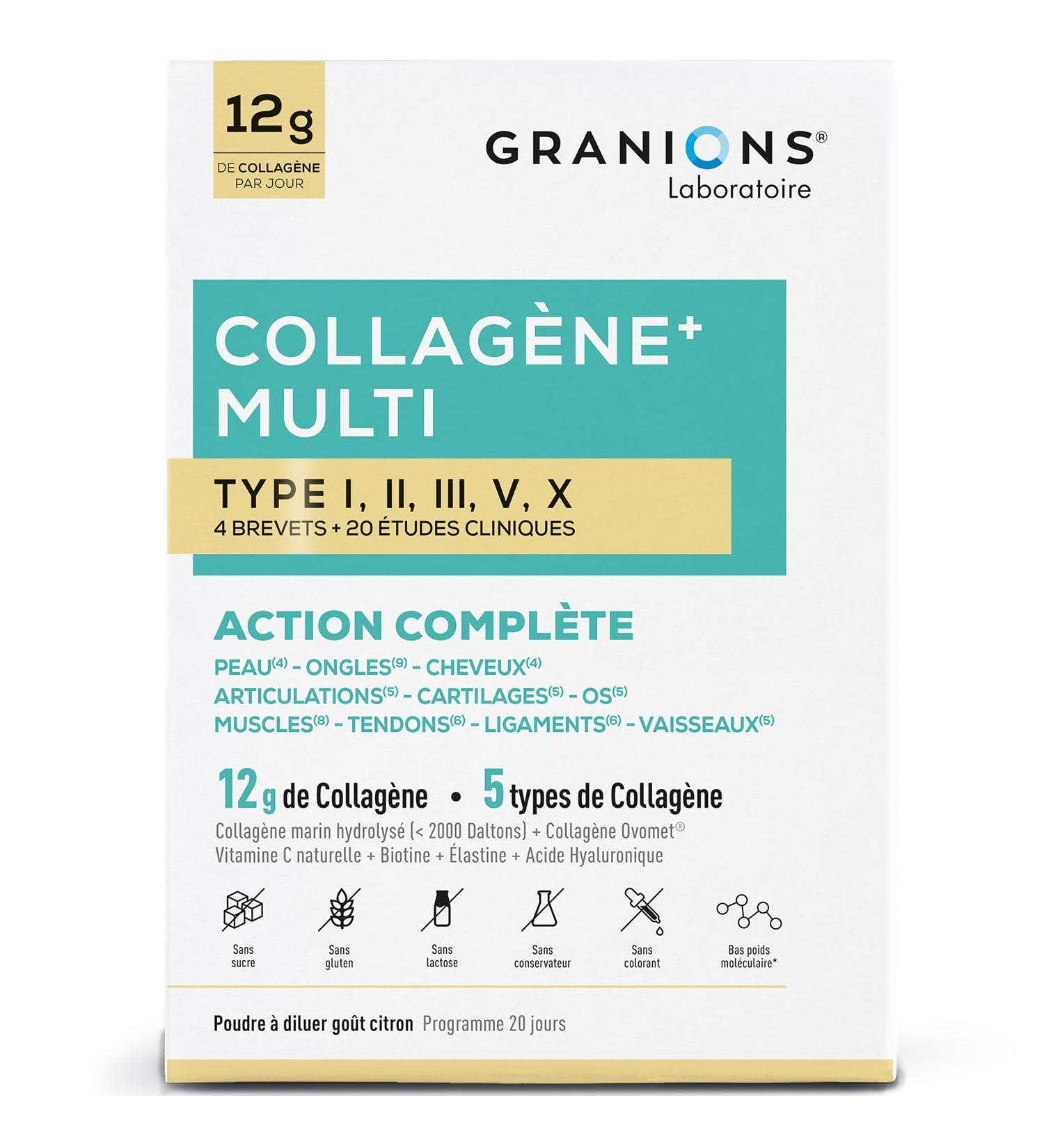 GRANIONS - COLLAGEN MULTI - Marine Collagen Powder - Action 10 in 1-5 Types of Collagen - Marine Collagen + Vitamin C - 20 Clinical Studies - Lemon Flavor Collagen - Collagen Powder 260g - Buy Online on GoSupps.com