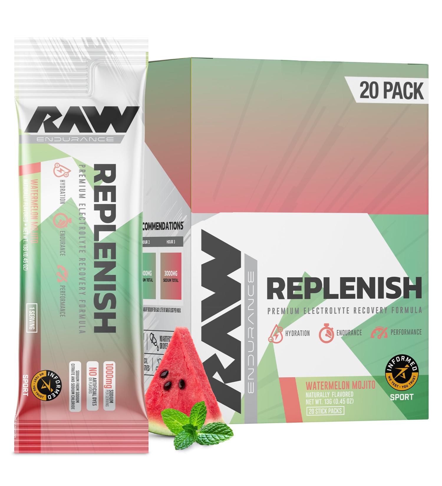 RAW Replenish Box - Premium Electrolytes Powder Recovery Formula | Watermelon Mojito (20 Sticks) - Hydration & Endurance Supplement - Buy Online on GoSupps.com