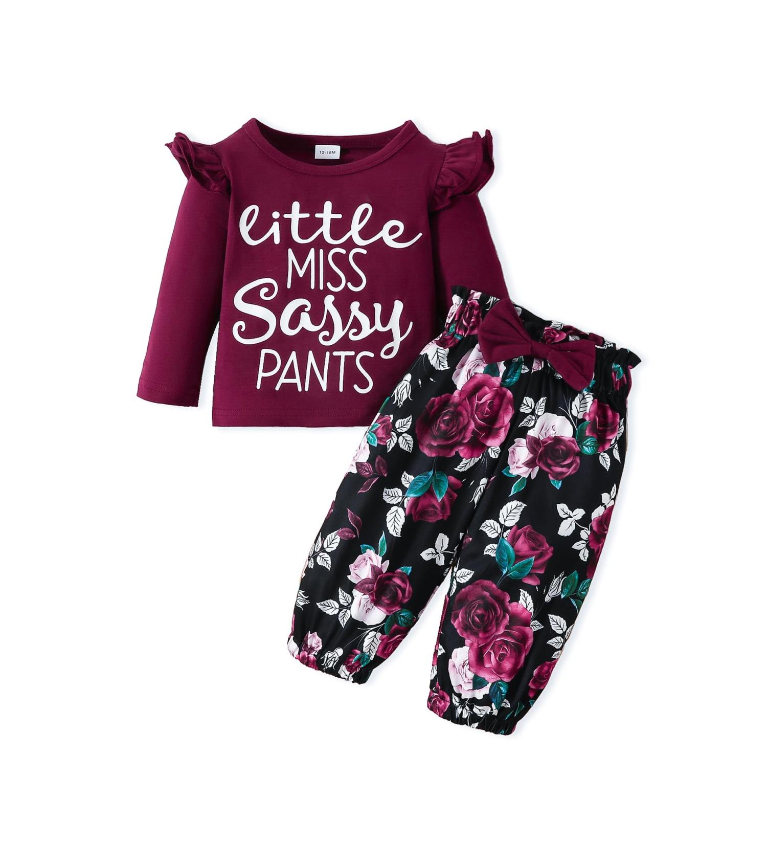 Puseky Toddler Baby Girls Cute Letter Print Shirt and Floral Pant Outfit Set 12-18 Months - Wine Red - Buy Online on GoSupps.com
