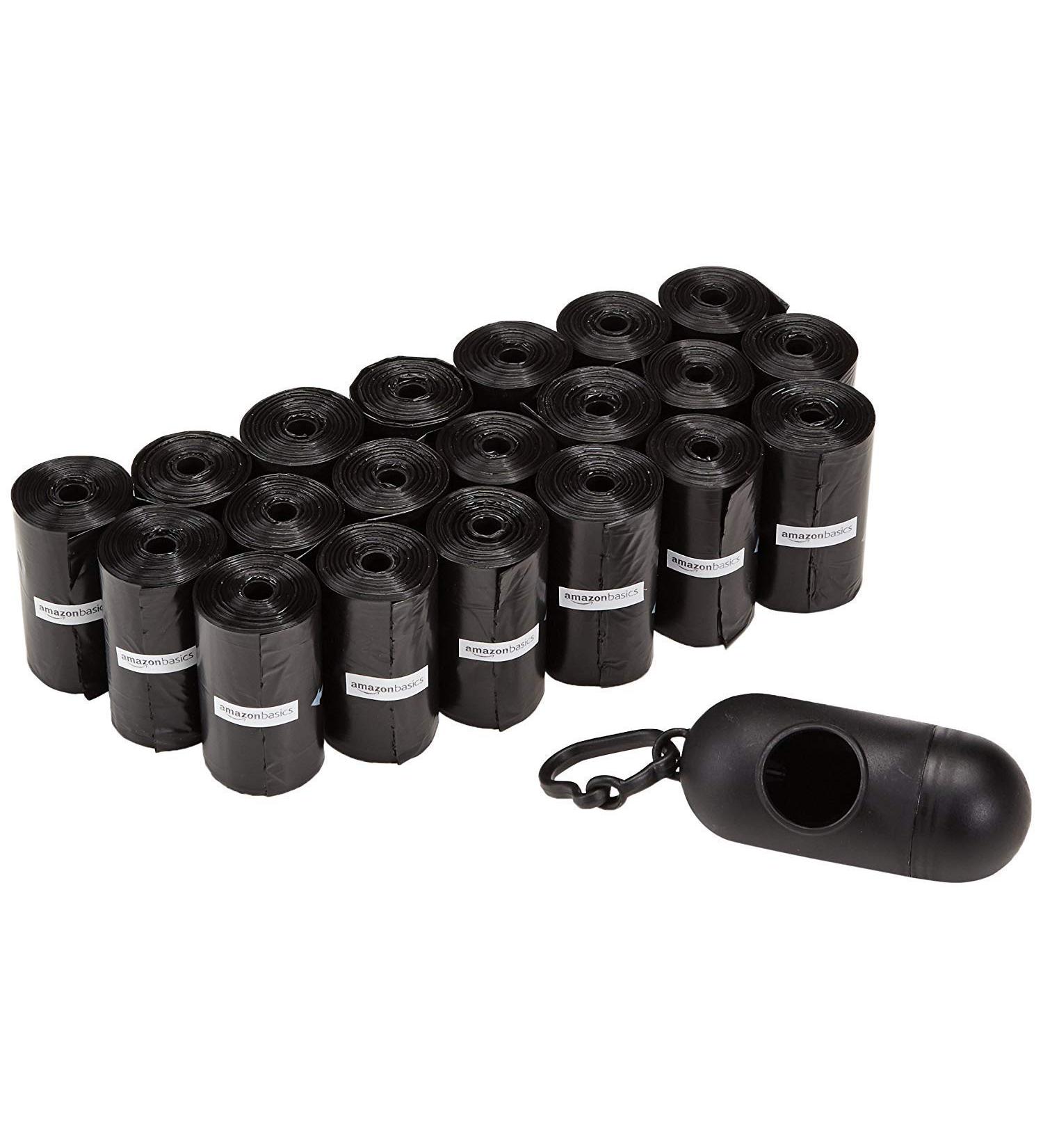 Amazon Basics Dog Poop Bags - 300 Unscented Black Bags with Dispenser and Leash Clip | 13 x 9 Inches (20 Rolls) - Buy Online on GoSupps.com