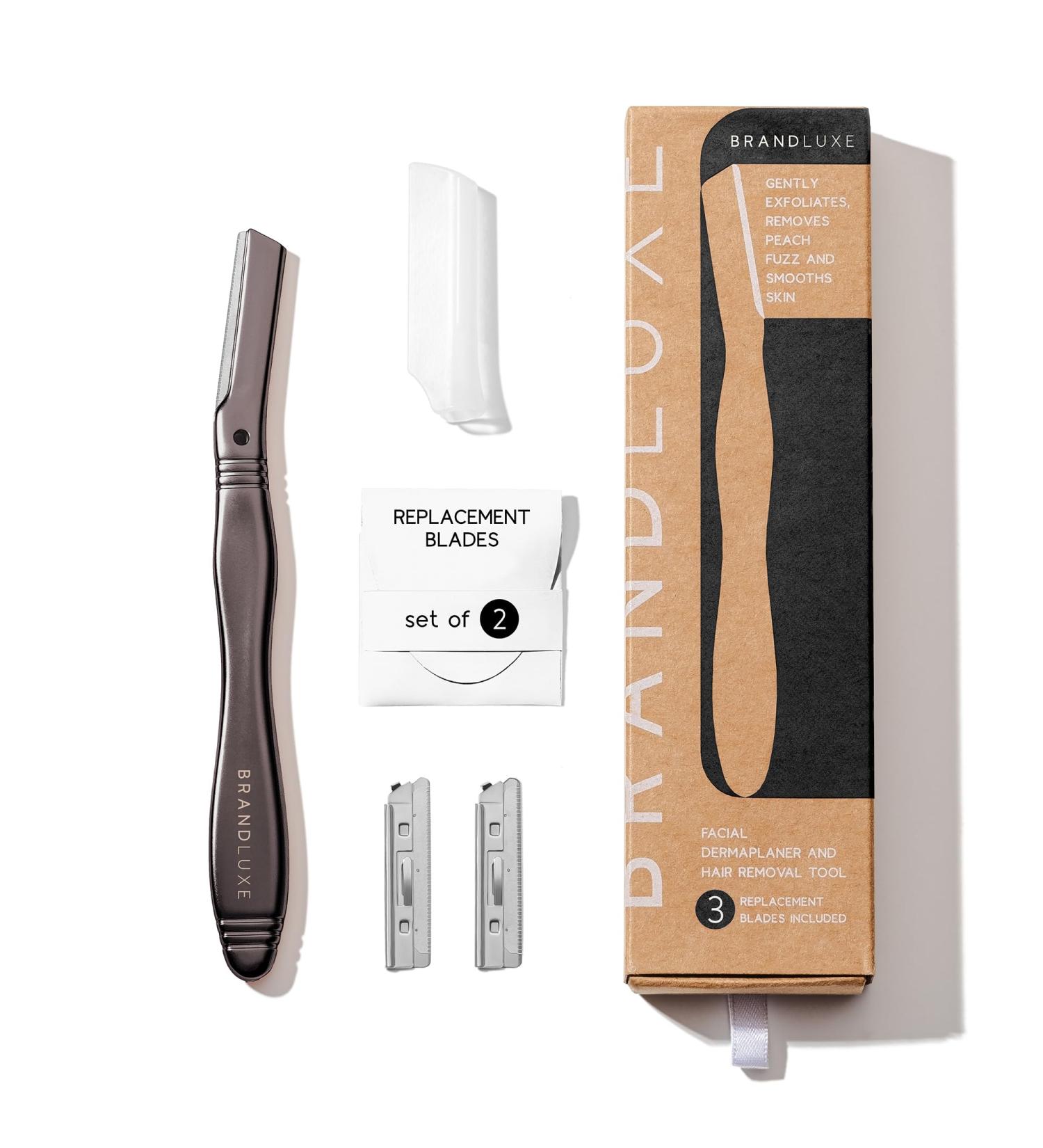 Brandluxe Dermaplaning Tool - Gentle Face & Eyebrow Hair Removal Eco-Friendly Design Includes 3 Swedish Carbon Blades - Buy Online on GoSupps.com