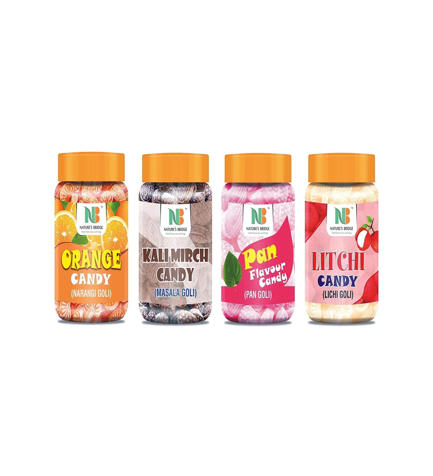 Nature's Bridge Sweet Candy (Orange Mix Kalimirch Masala Litchi Flavour) Combo Jar Pack of 4 each 200 Gm_Packing May Vary - Buy Online on GoSupps.com