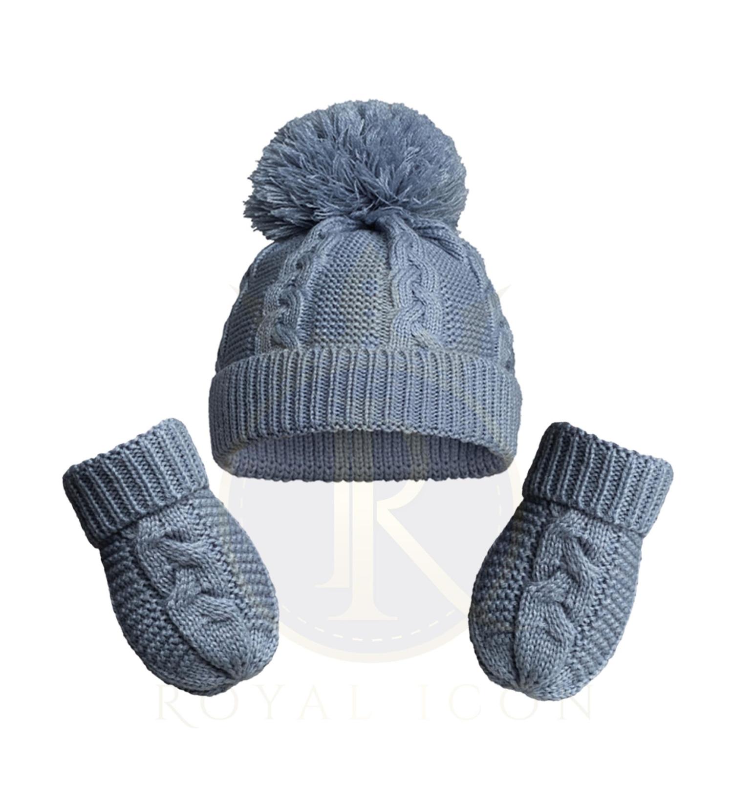 Royal Icon Baby Knitted Pom Pom Hat with Mittens Baby Boys Girls Winter Hat Mittens Set Cable Knit Single Pom Pom Bubble Hat Colours Available NB-12 Months RI6512 0-12 Months Dusty Blue - Ri800