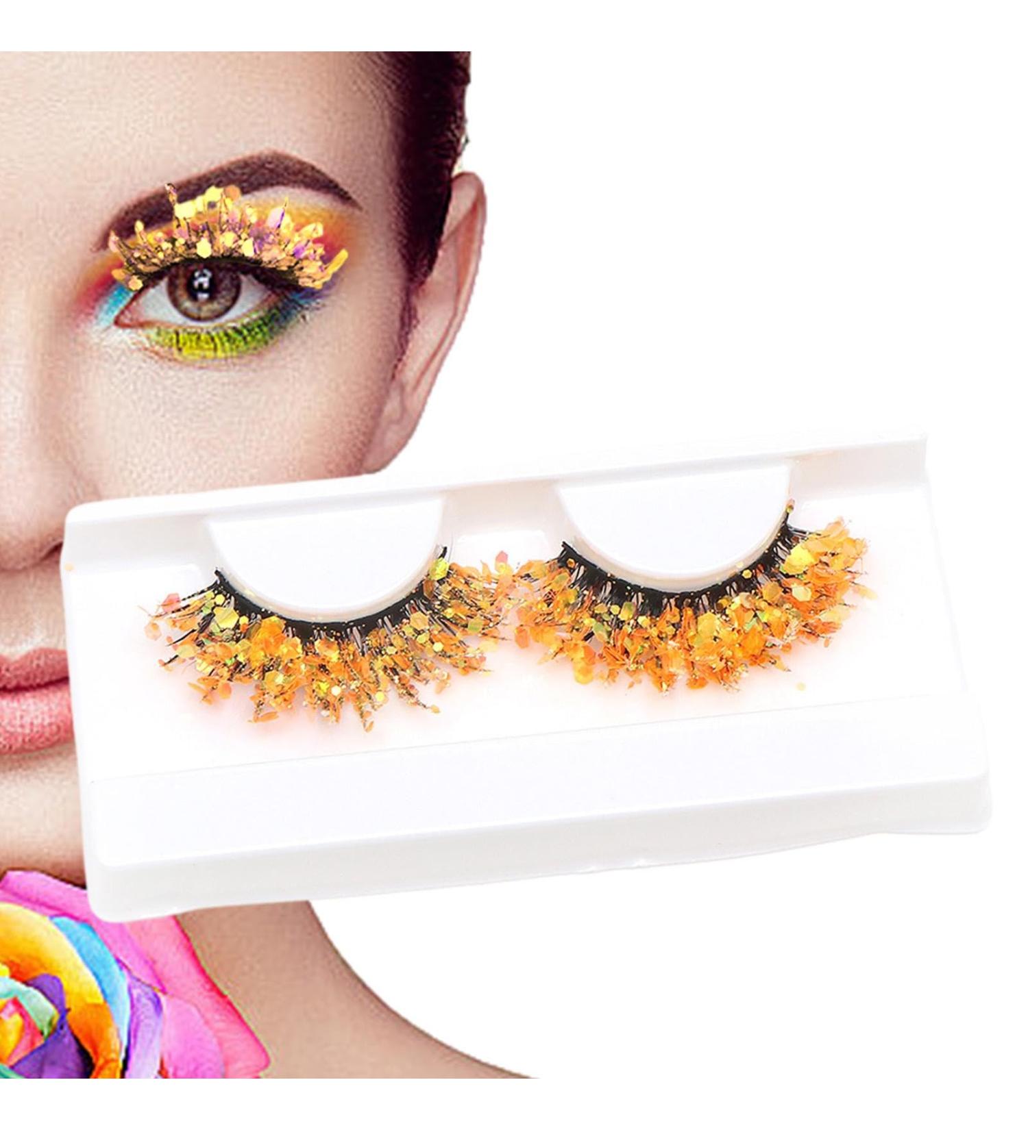 Glitter Lashes - Sparkly 3D Orange Lashes Shiny Dramatic Decorative Eye Strip Lashes | False Eyelashes flufy Wispy Curly Waterproof Sticker Eyelashes | Lashes for Holiday Eye Makeup Cosplay Q-05 - Buy Online on GoSupps.com
