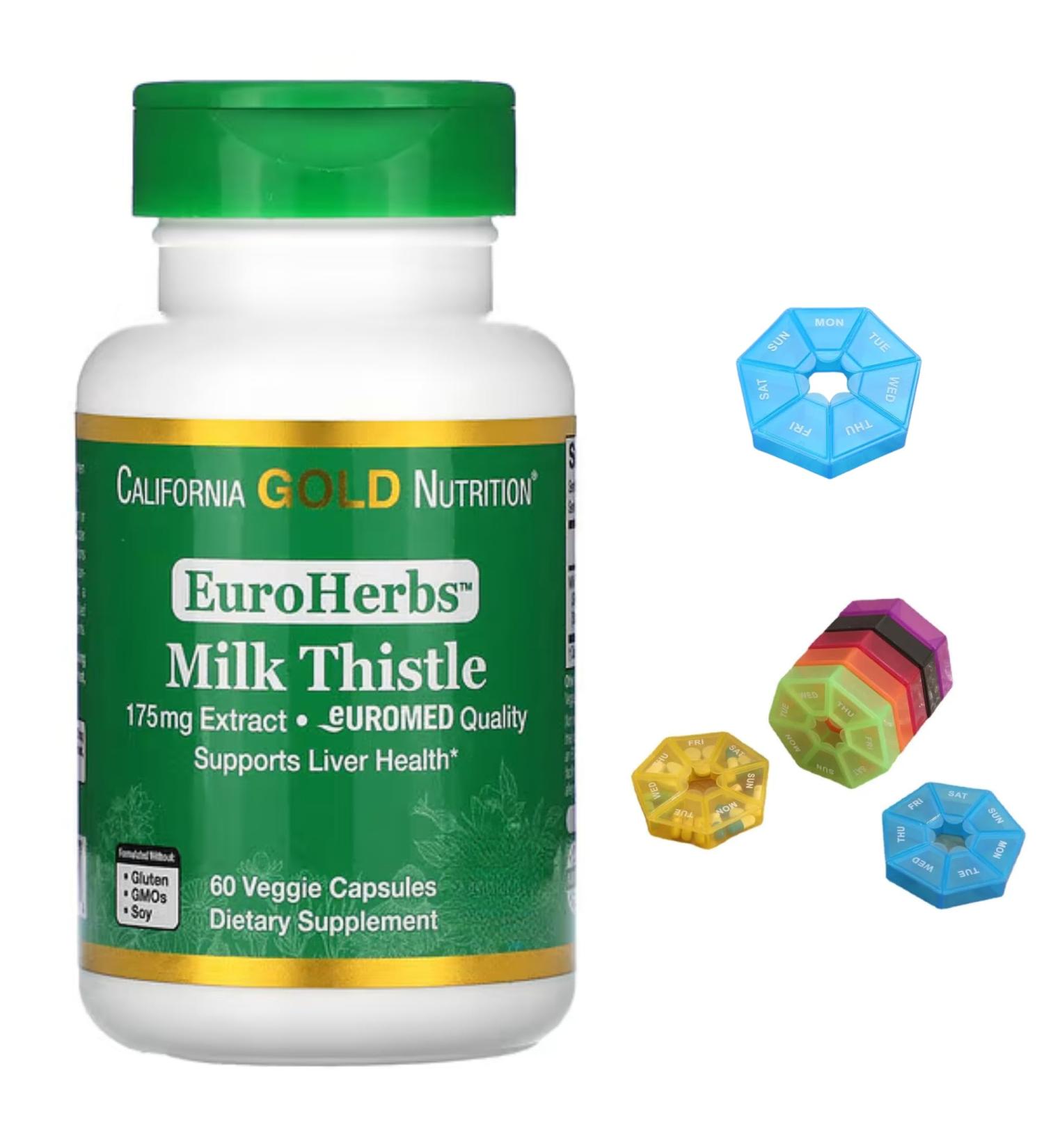 EuroHerbs Milk Thistle Extract Compatible With California Gold Nutrition Euromed Quality 175 mg 60 Veggie Capsules + Bonus Pill Organizer Weekly Pill Organizer Mini - Buy Online on GoSupps.com