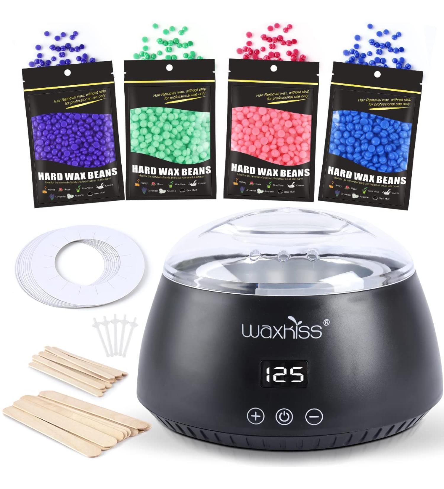 Waxkiss Wax Warmer Kit with 4 Packs Hard Wax Beans (14oz) - Painless Hair Removal for Women and Men - Ideal for Brazilian, Underarm, Bikini, Chest, Legs, Face, and Eyebrows - Black Set - Buy Online on GoSupps.com