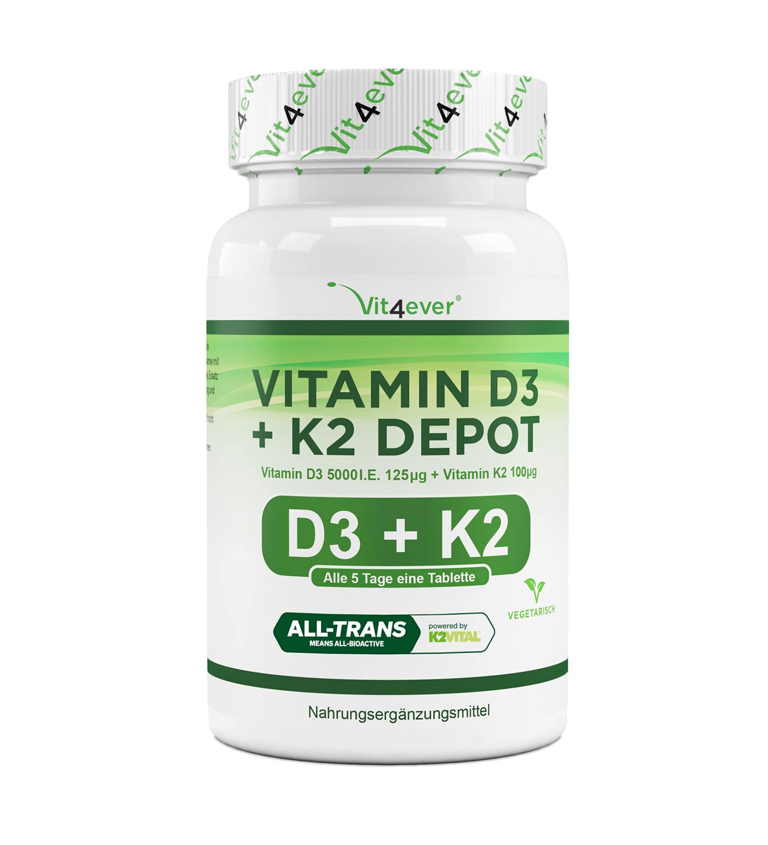 Buy Vitamin D3 + K2 Depot - 180 Tablets | Premium 99.7% All-Trans K2Vital | 5000 I.E. Per Tablet | High Dose & Laboratory Tested - Buy Online on GoSupps.com