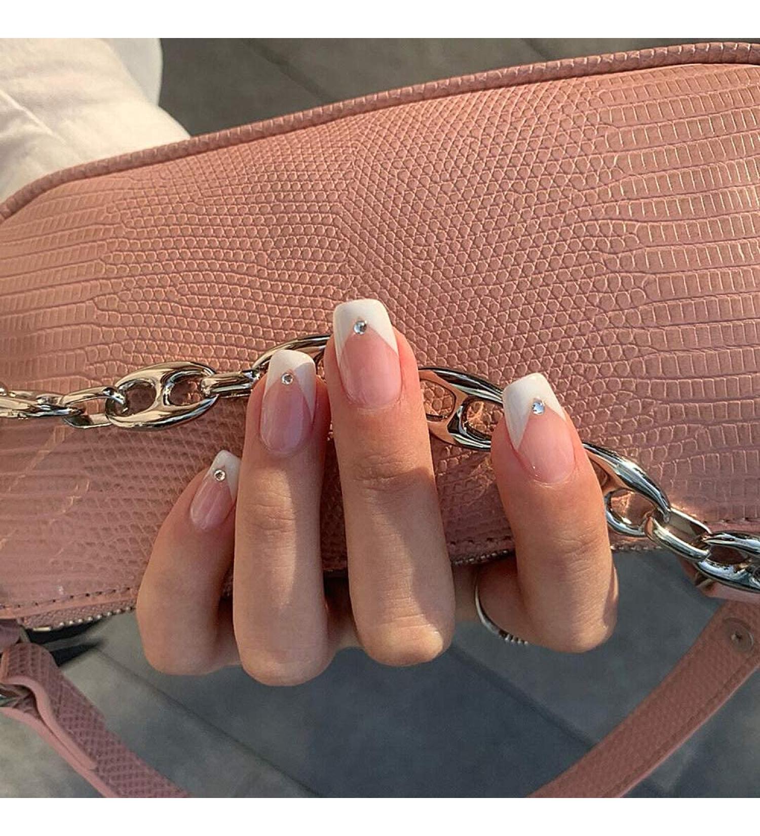 BABALAL Glossy Squoval French Fake Nails - Natural Acrylic False Nails for Women and Girls | Short Press-On Nails 001-CRJC - Buy Online on GoSupps.com