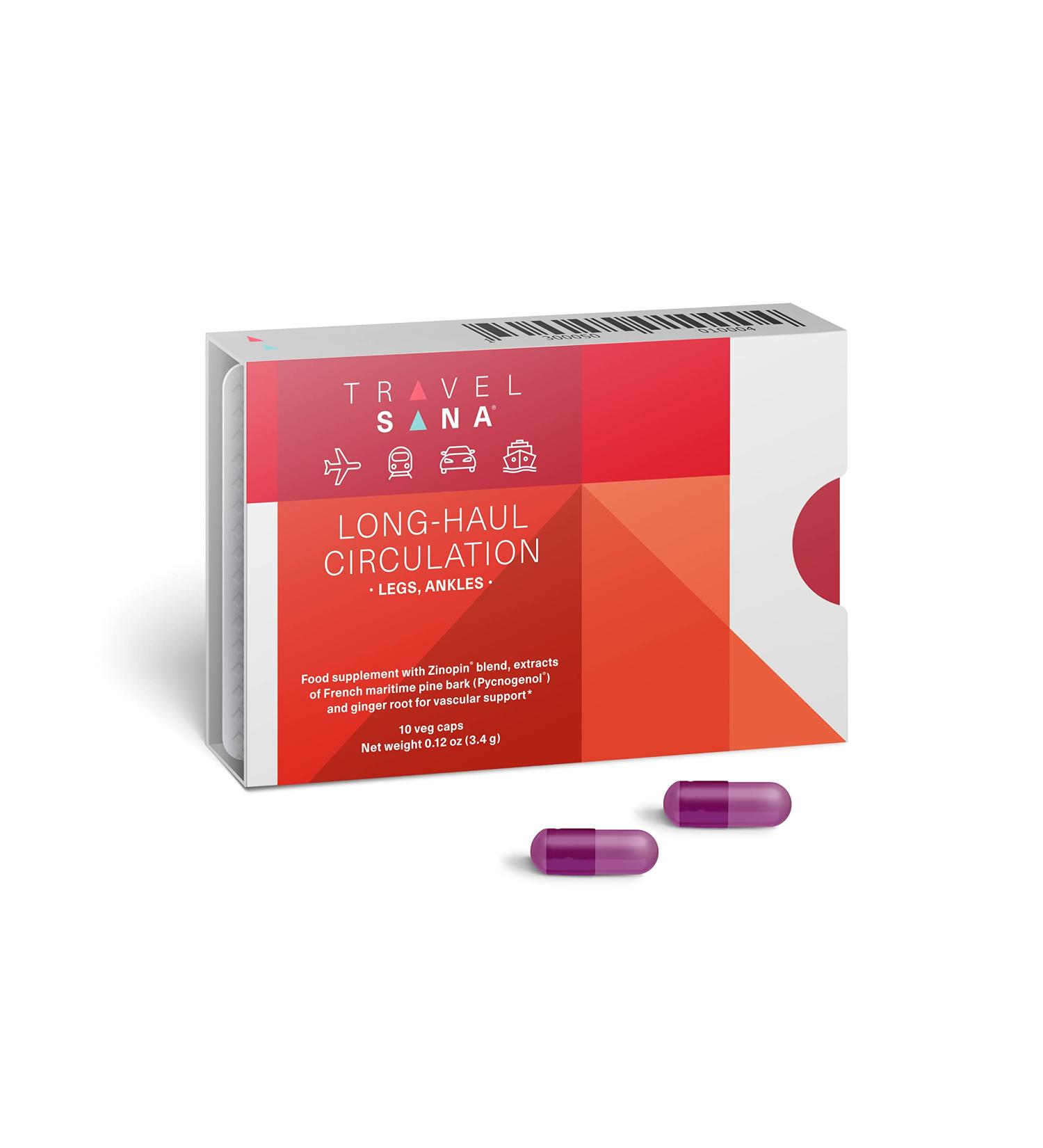 TRAVELSANA Long-Haul Circulation Supplement - Pycnogenol 100mg for Swollen Legs & Ankles - French Maritime Pine Bark & Ginger Root - Fast-Acting - 10 Servings - Buy Online on GoSupps.com