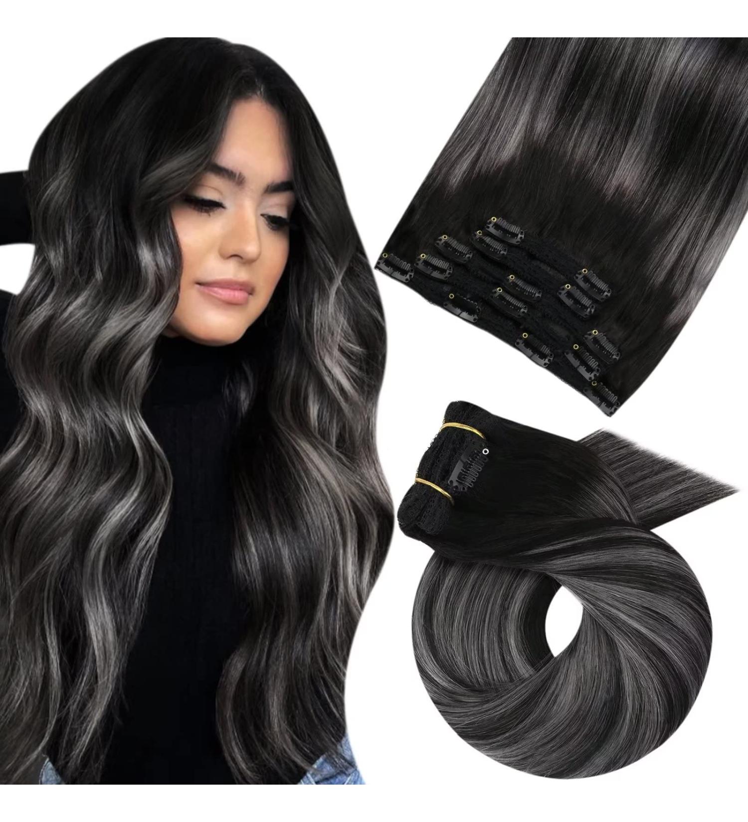 Moresoo 12 Inch Balayage Clip in Human Hair Extensions - Black and Silver - 5 Pieces/70g - #1B/Silver/1B - Buy Online on GoSupps.com