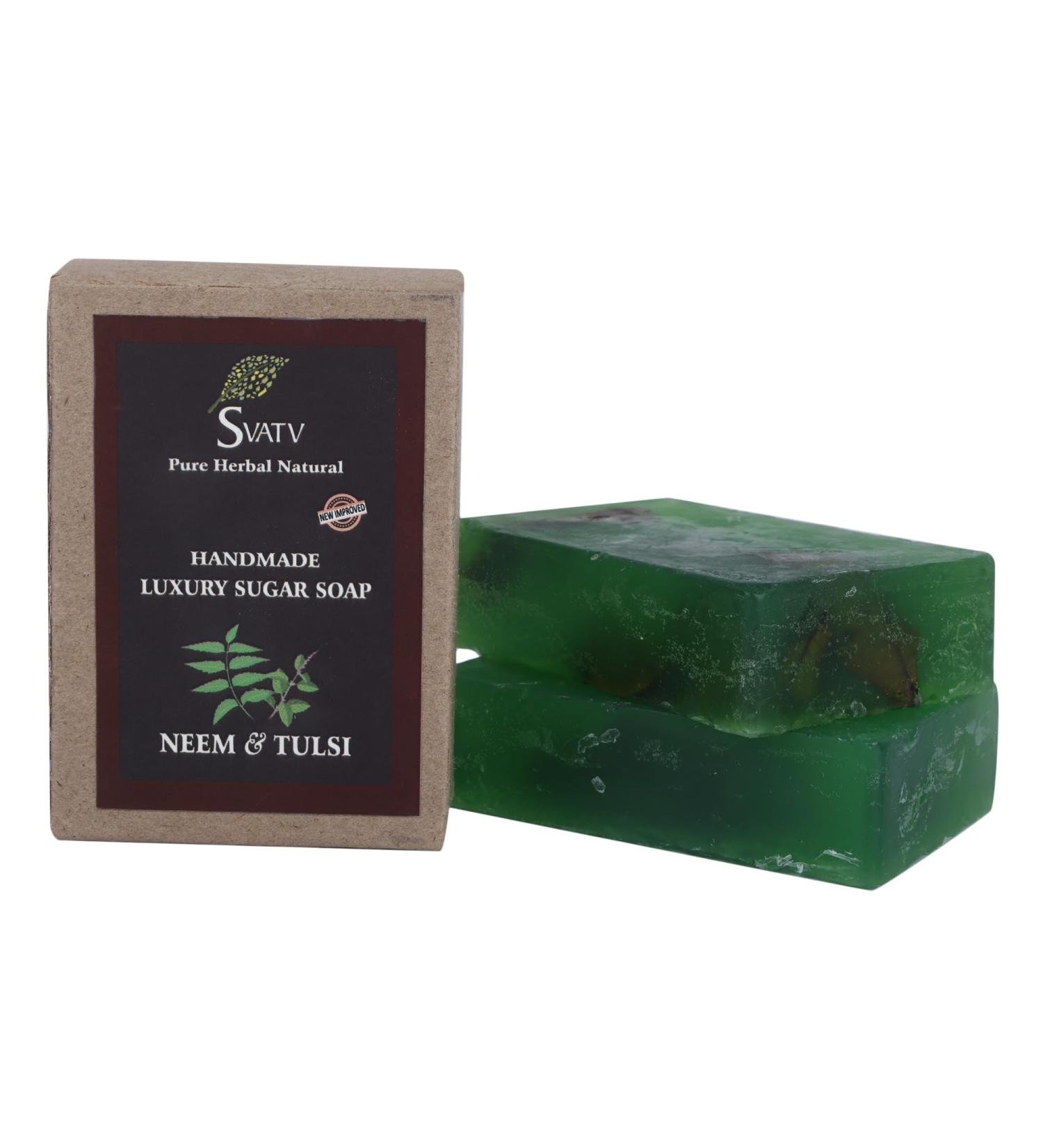 Buy SVATV Handcrafted Neem & Tulsi Soap - Natural Exfoliating Ayurvedic Herbal Soap for All Skin Types | 250g Pack (2 Bars - Buy Online on GoSupps.com