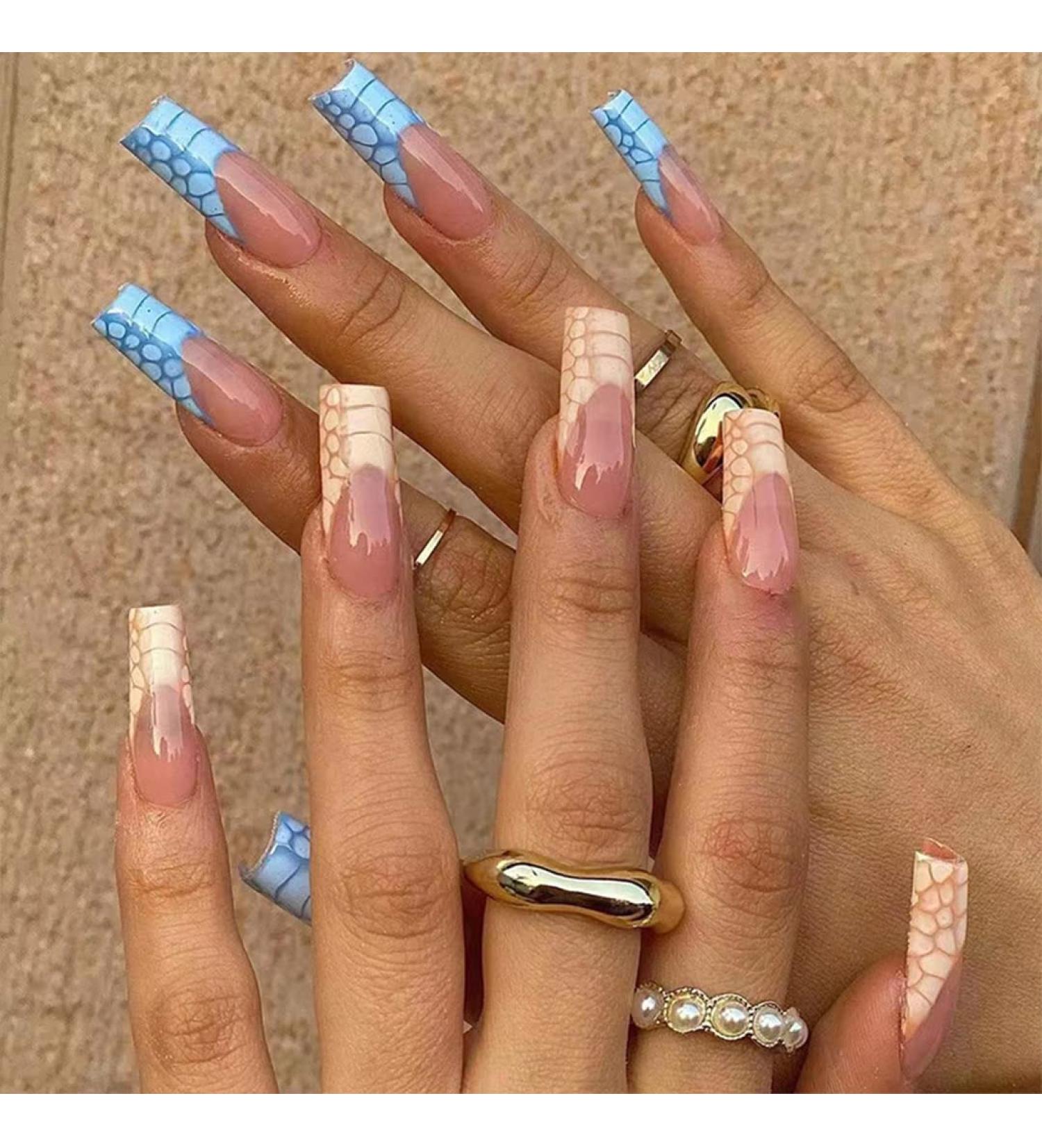 Sethexy Coffin False Nails - Crocodile Pattern Press-On Acrylic Nail Tips | 24 pcs in Pink Blue & Yellow for Women & Girls - Buy Online on GoSupps.com