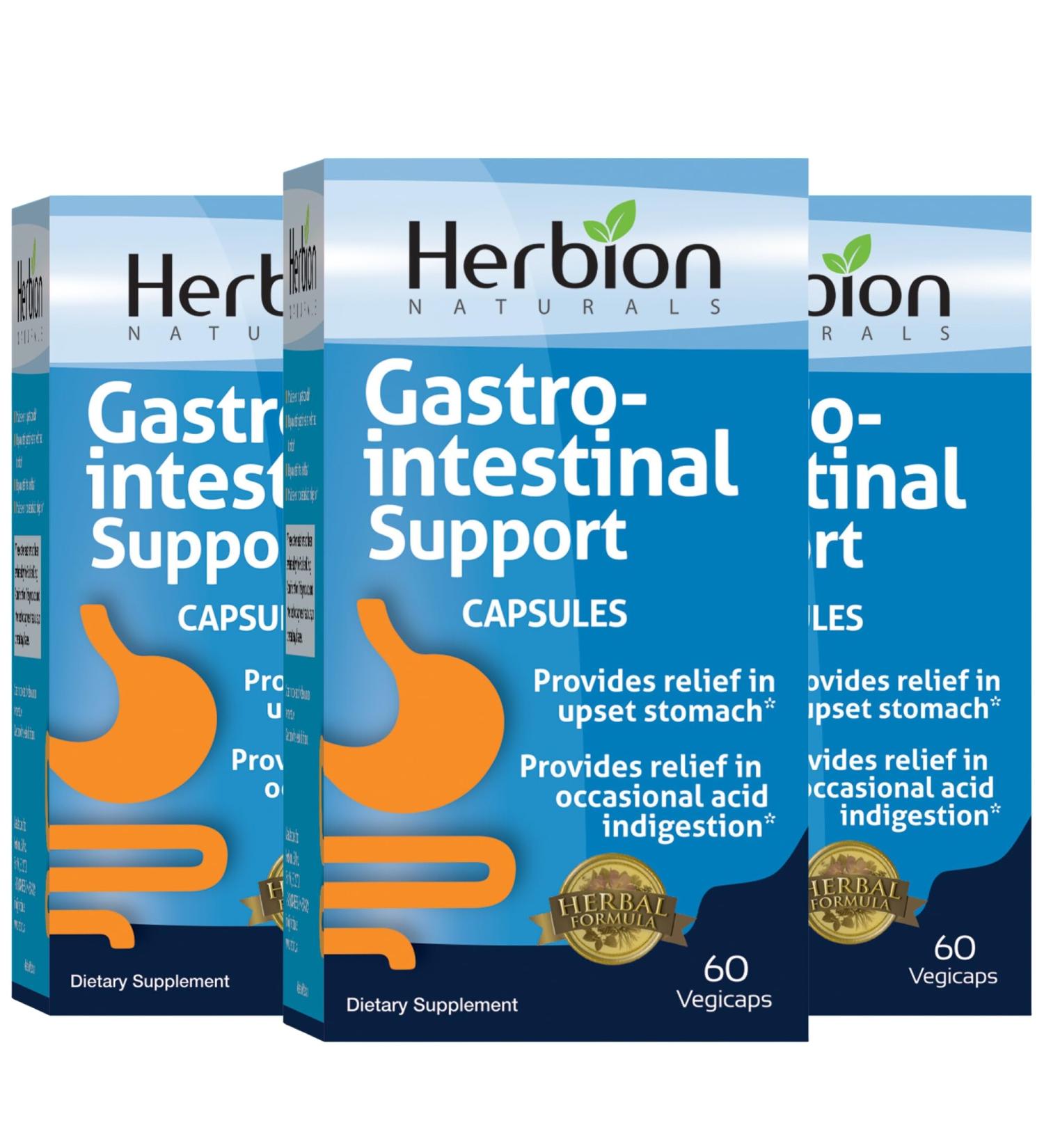 HERBION Naturals Gastro-intestinal Support Herbal Blend for Upset Stomach Relief Gastrointestinal Health and Function Occasional Acid Indigestion Healthy Intestinal Flora 60 Vegicaps - Pack of 3 180 Count (Pack of 3) - Buy Online on GoSupps.com