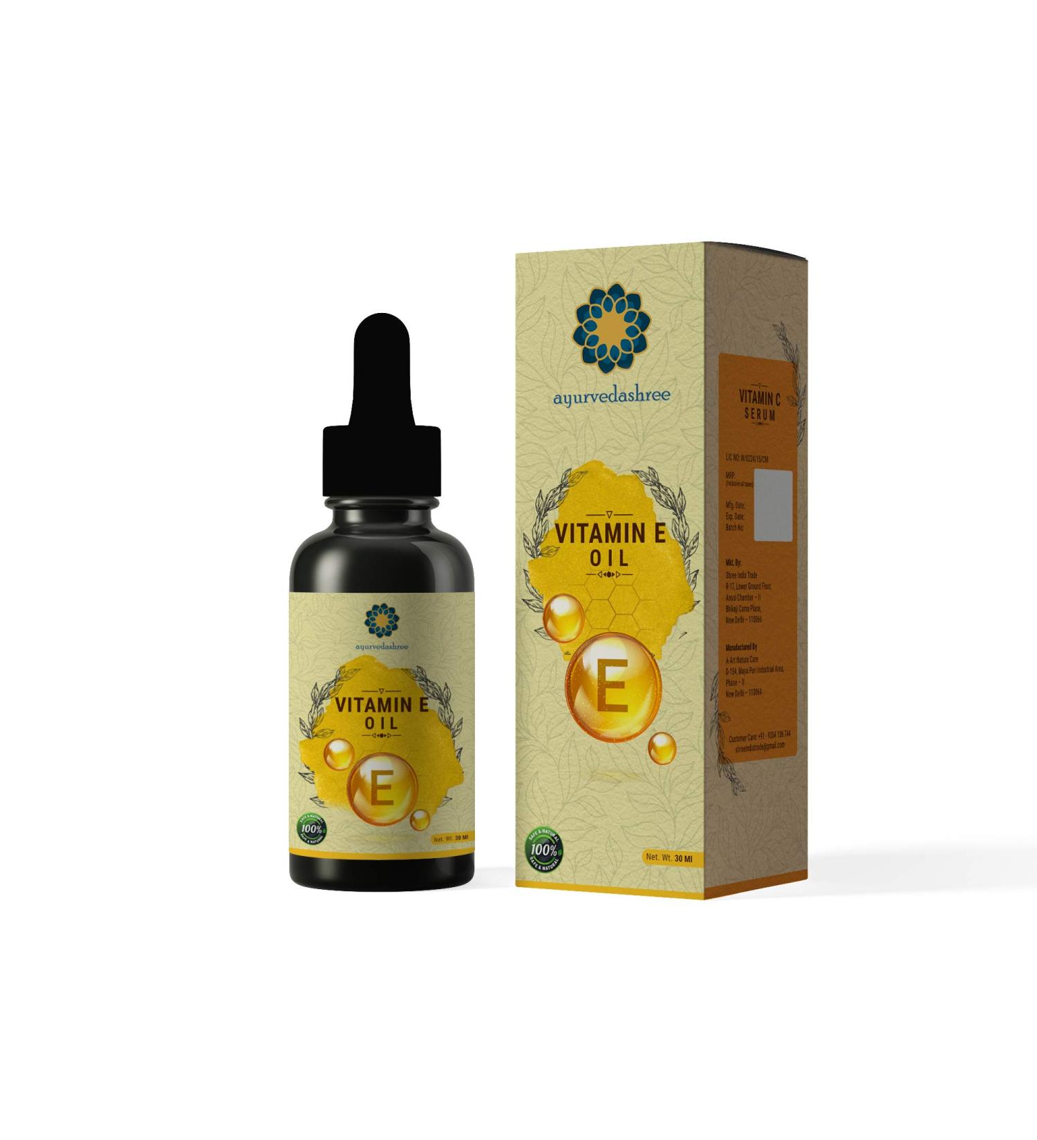AYURVEDASHREE Vitamin E Oil for Skin and Body 30 ML with Almond, Argan & Grape Seed Oil - Treat Dry Skin, Scars, and Smooth Hairs - Buy Online on GoSupps.com