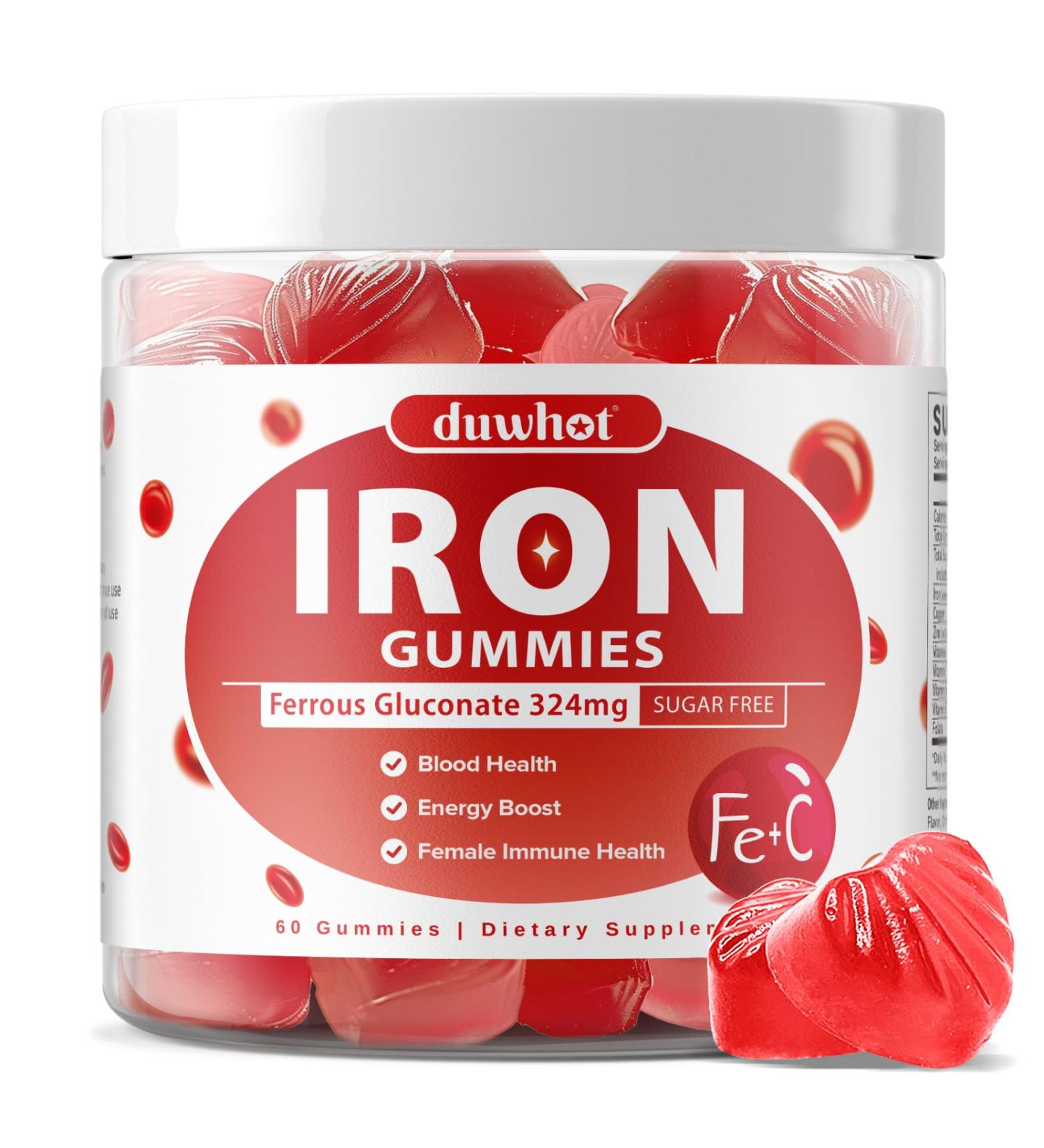 Iron Gummies for Women Teen Girls, Ferrous Gluconate 324 mg with Vitamin C, Iron Supplement Plus Vitamin A, B, Folate, Copper, Zinc, Energy & Blood Support, Immune Health, Sugar Free 60 Gummies - Buy Online on GoSupps.com
