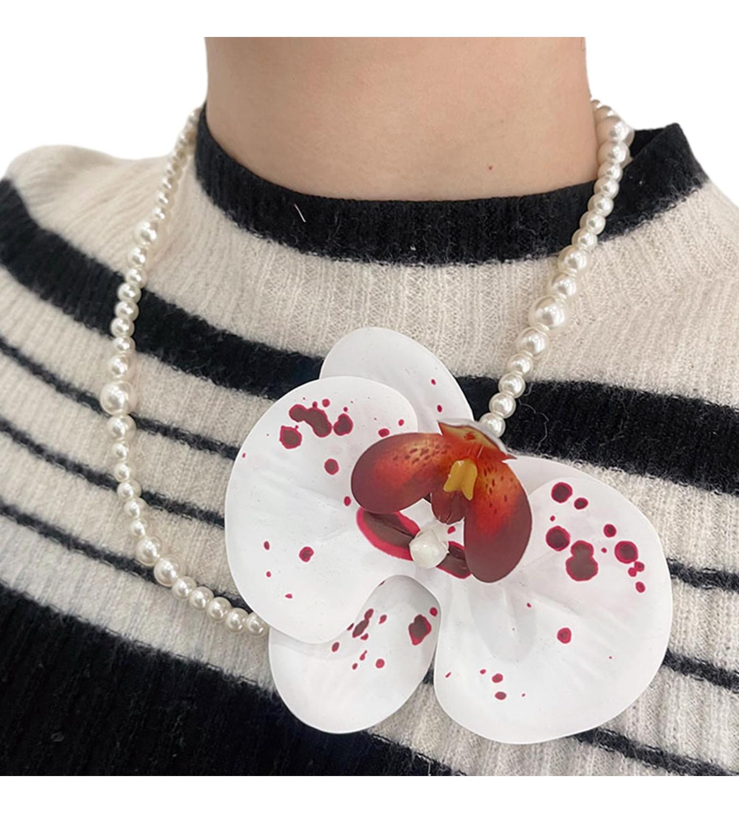 Southjieling Moth Orchid Necklace - Versatile Floral Collarbone Chain Stylish Choker with Art Pearl | Fashionable White Accessory - Buy Online on GoSupps.com