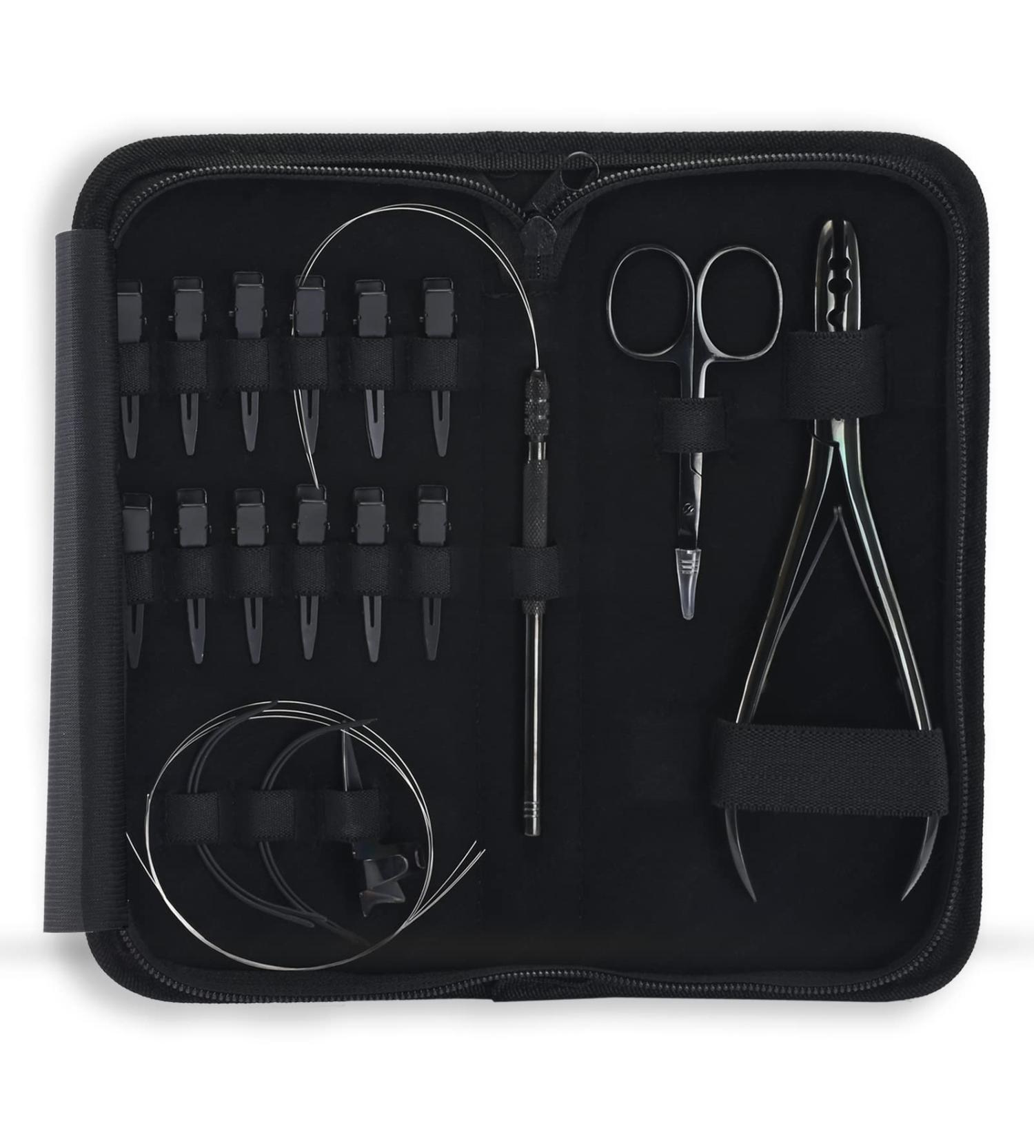 Hair Extension Tools Kit: 2 Hole Micro Beads, Microlink Crimping Plier, Sectioning Clips, Parting Tool, Scissor, Needles Pulling Loop - Black - Buy Online on GoSupps.com